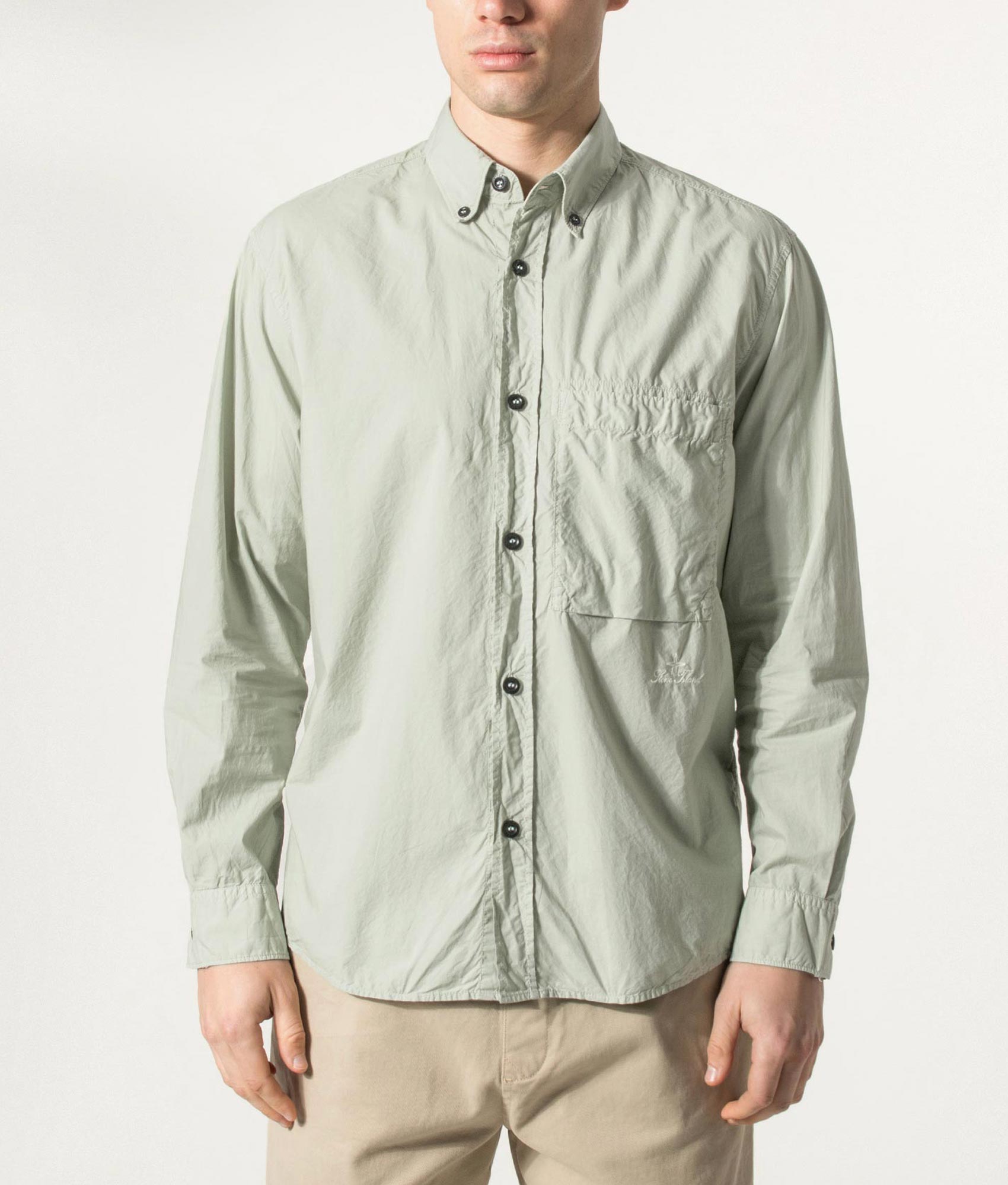 Stone Island Organic Cotton Tela 'Paracadute' Overshirt in Sage at EQVVS Menswear. Model front shot.