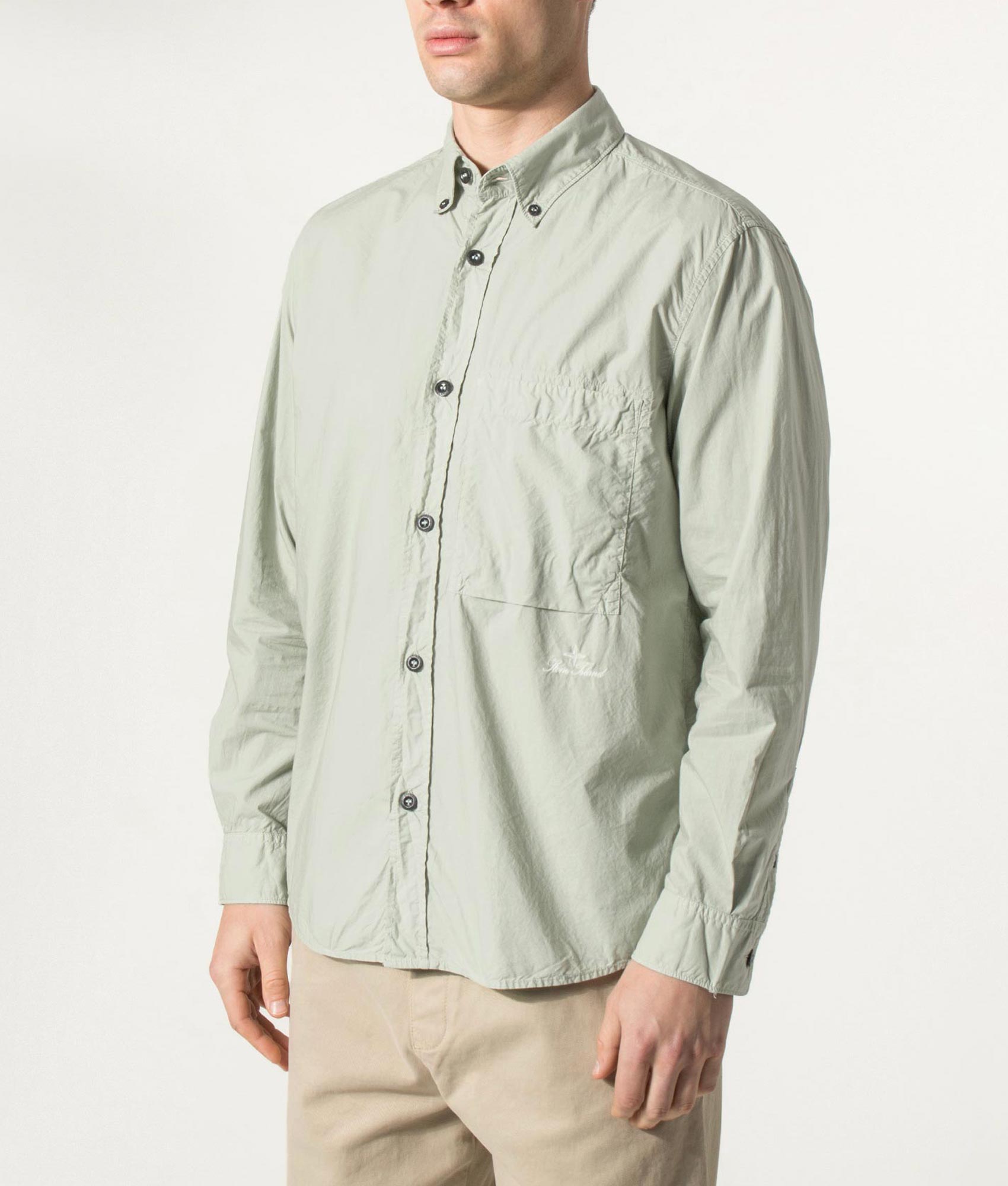Stone Island Organic Cotton Tela 'Paracadute' Overshirt in Sage at EQVVS Menswear. Model front angled shot.