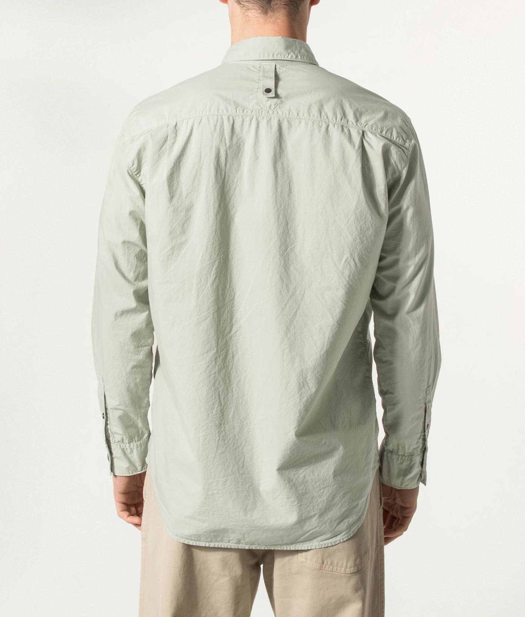 Stone Island Organic Cotton Tela 'Paracadute' Overshirt in Sage at EQVVS Menswear. Model Back shot.