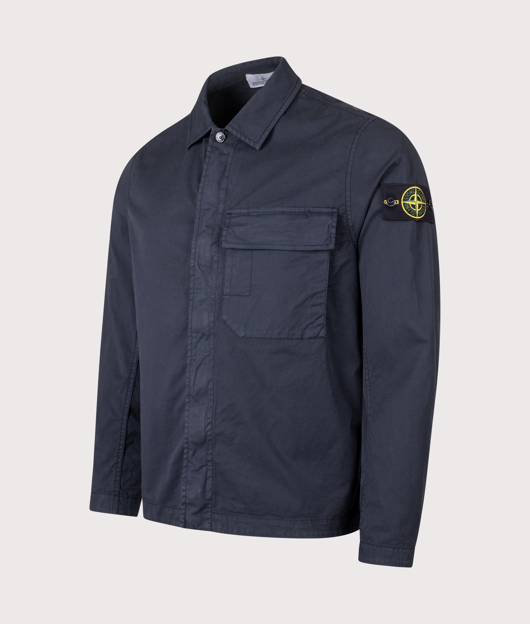 Stretch Cotton Twill Overshirt in Dark Navy | STONE ISLAND | EQVVS | Front angle shot 