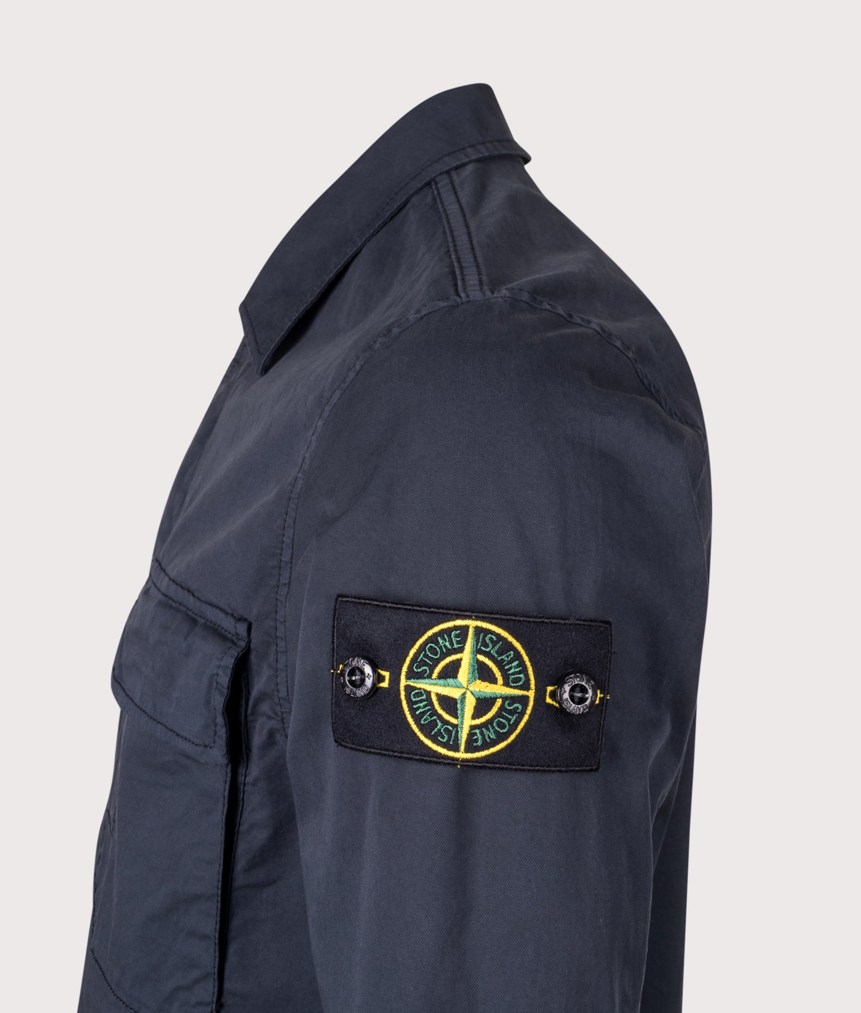 Stretch Cotton Twill Overshirt in Dark Navy | STONE ISLAND | EQVVS | Side detail shot 