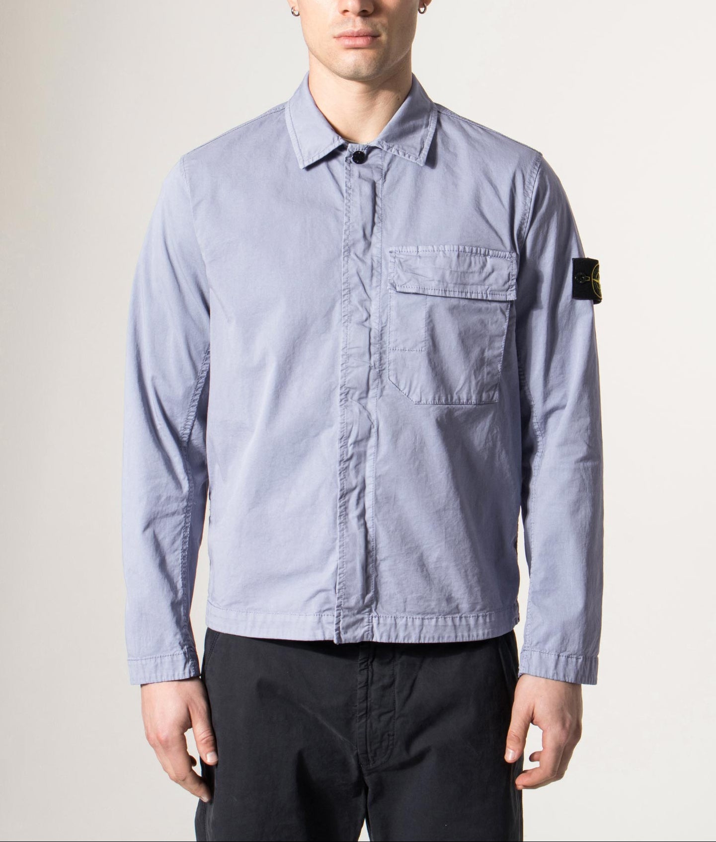 Stone Island Stretch Organic Cotton Twill Overshirt in Avio Blue at EQVVS Menswear. Model front shot.