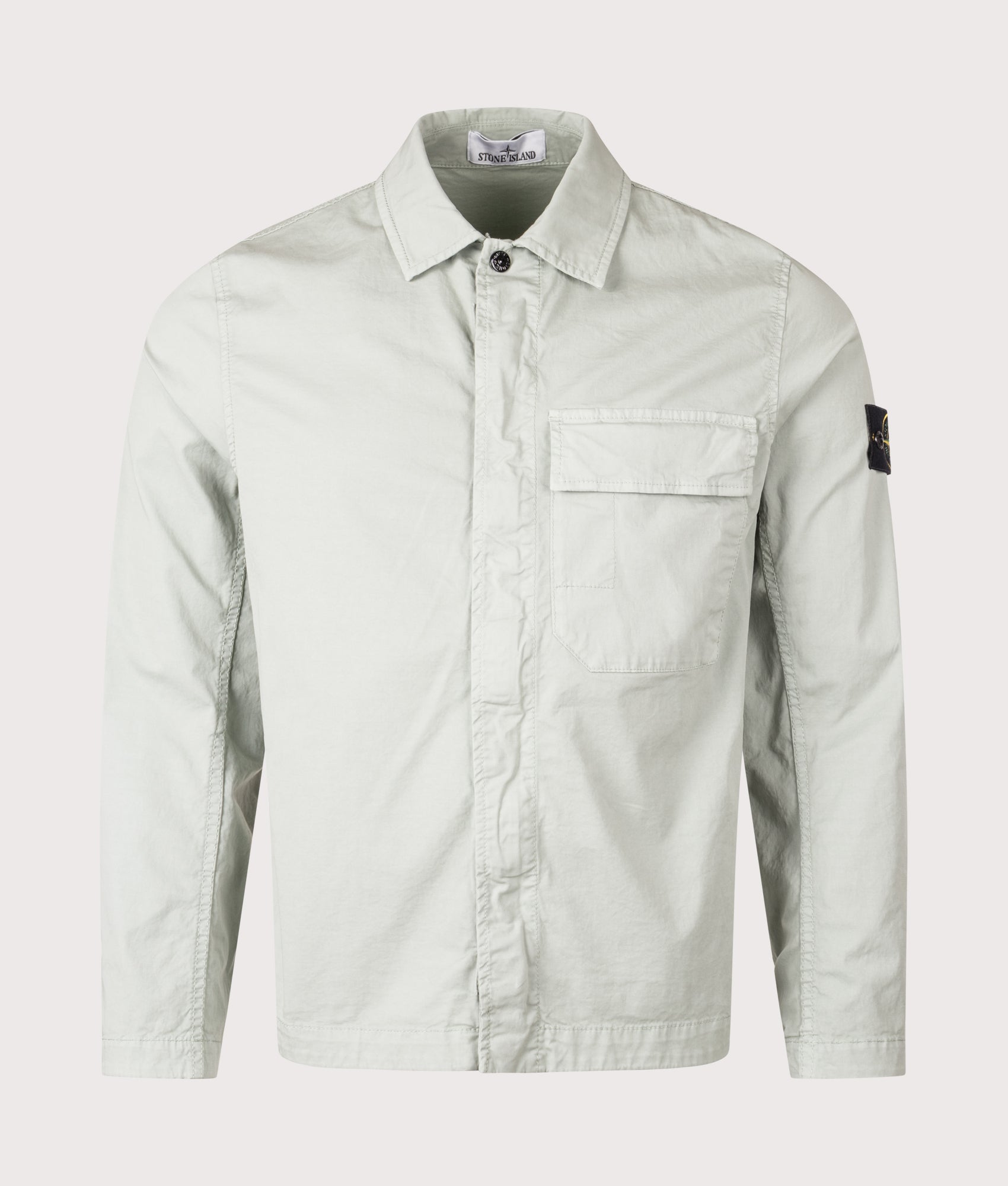 Stone Island Pocket Overshirt in Sage at EQVVS Menswear. Front shot.