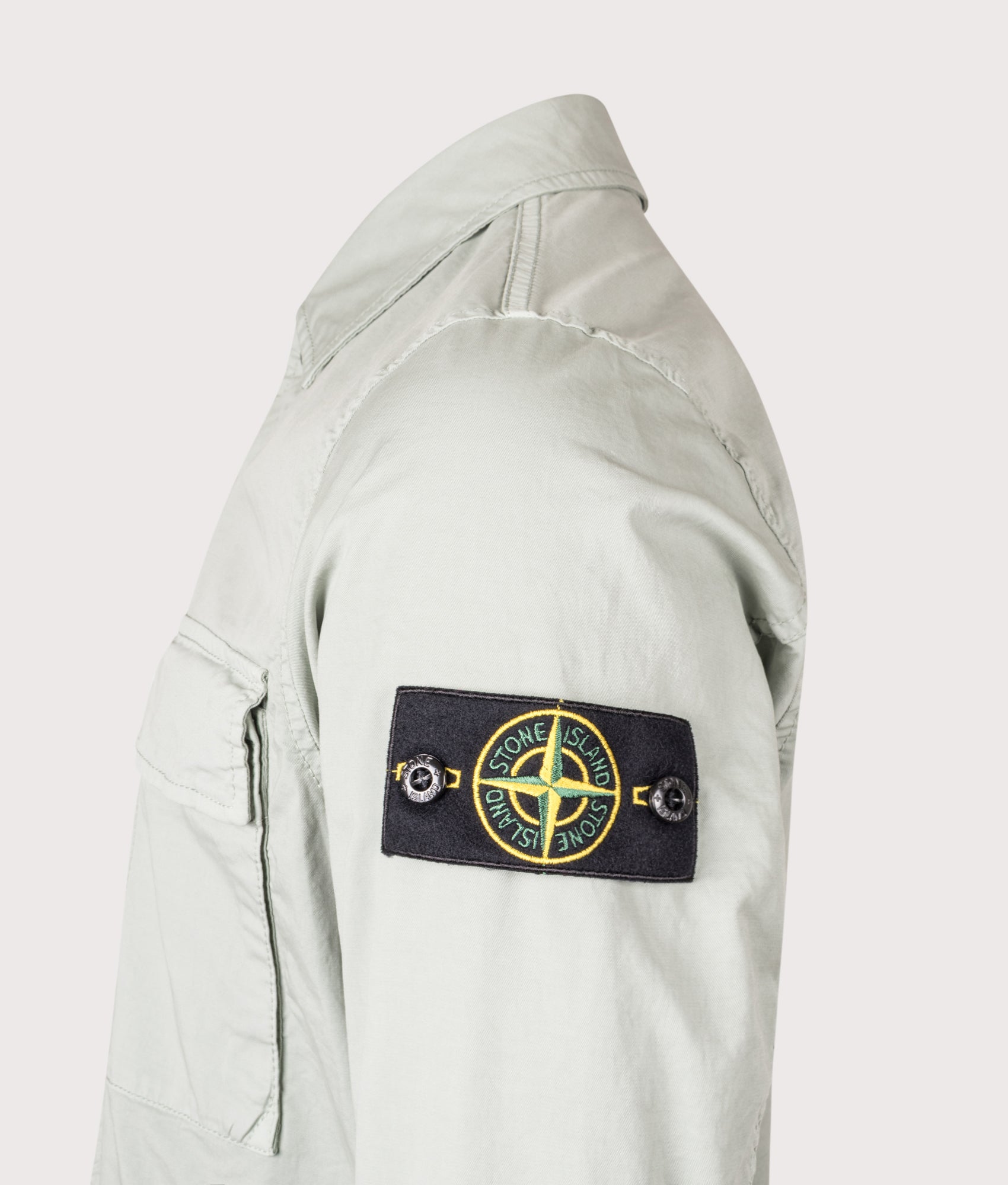 Stone Island Pocket Overshirt in Sage at EQVVS Menswear. Detail shot.