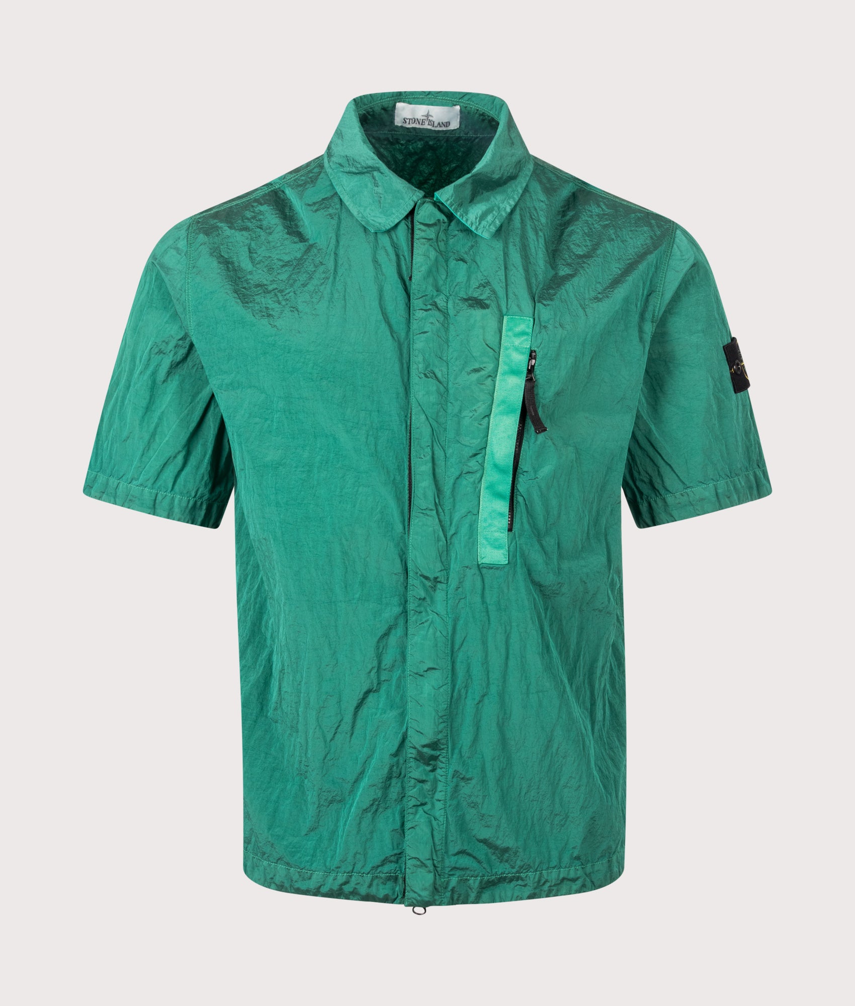 Stone Island Comfort Fit Nylon Metal in ECONYL® Short Sleeve Shirt in V005H Malachite at EQVVS Menswear. Front Shot.