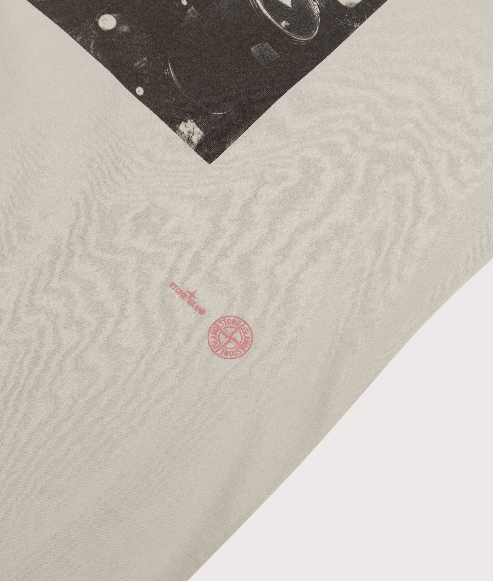 Stone island Carlo Rivetti T-Shirt in Pearl Grey at EQVVS Menswear. Back detail shot.