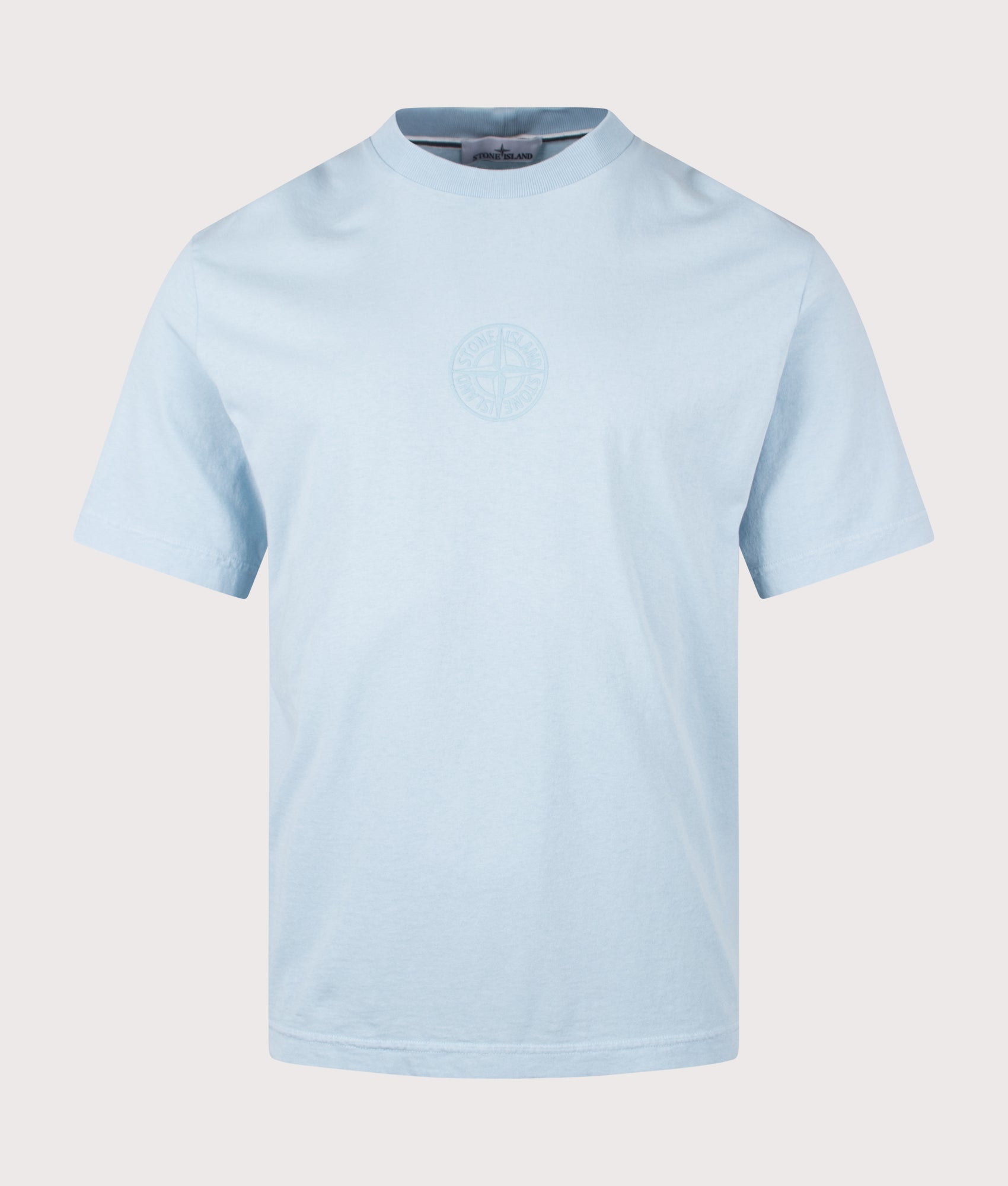 Stone Island ‘Camo Compass’ Print T-Shirt in Powder Blue at EQVVS Menswear. Front shot.