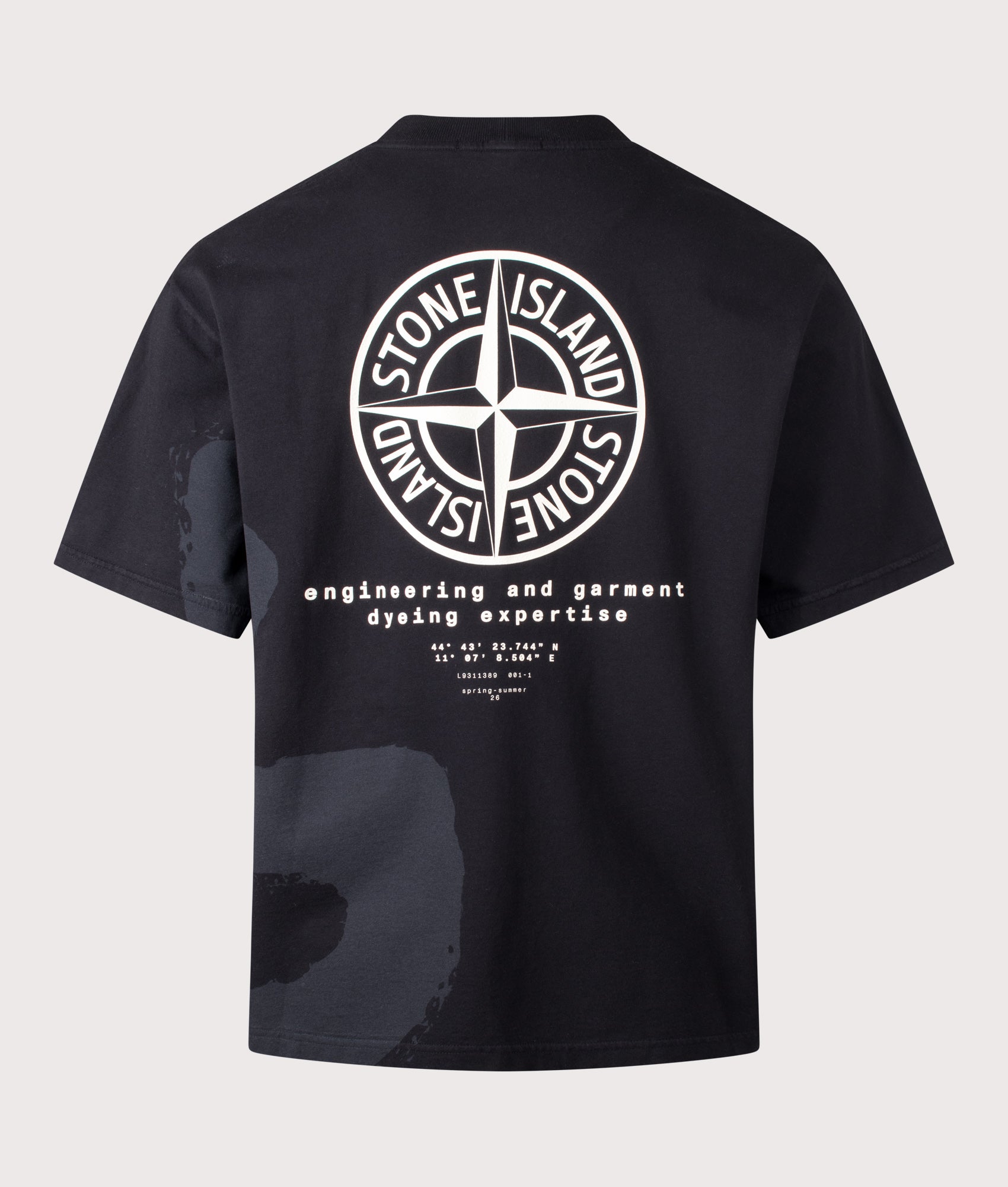 Stone Island ‘Whirlwind Type’ Print T-Shirt in Black at EQVVS Menswear. Back shot.