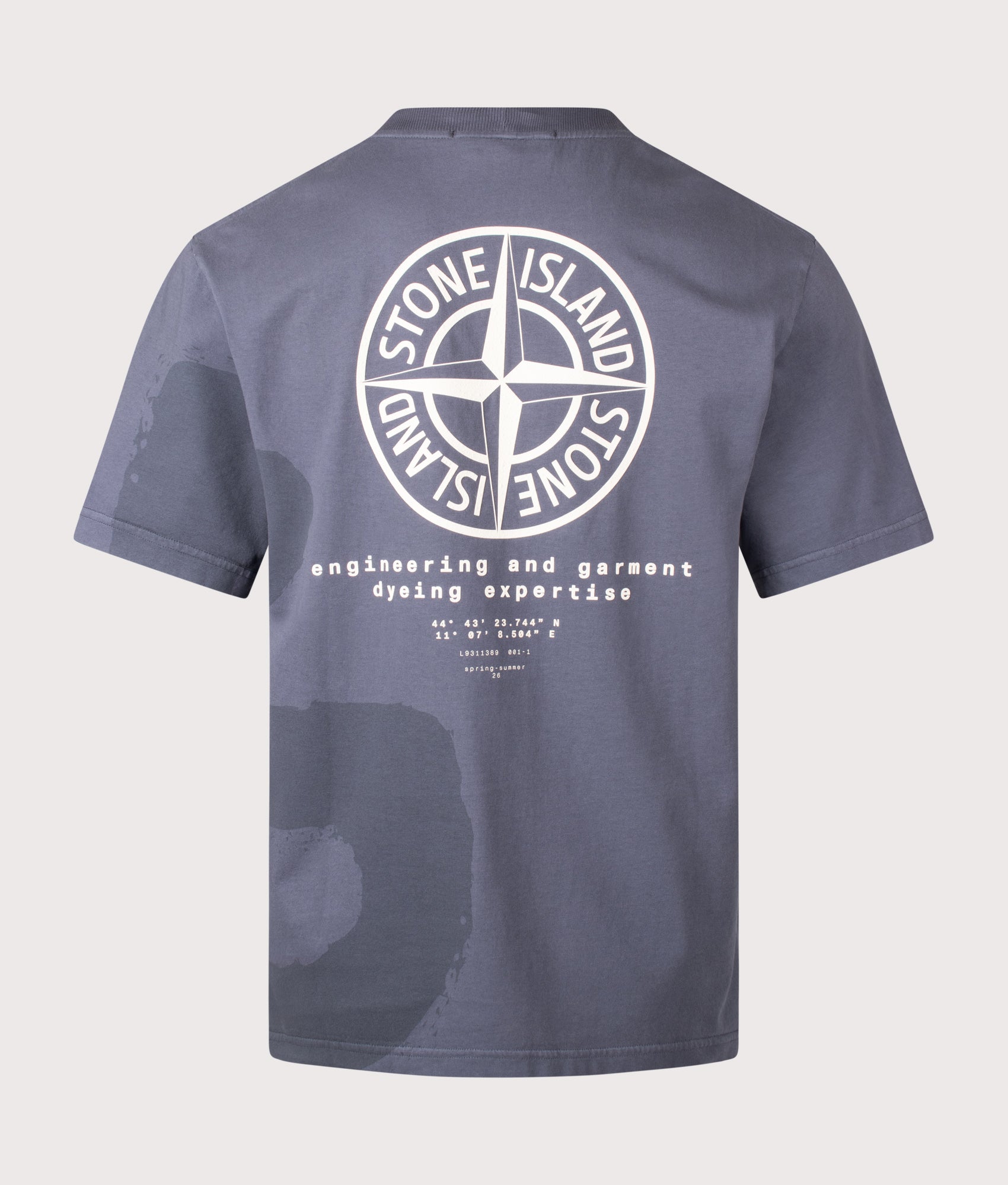 Stone Island ‘Whirlwind Type’ Print T-Shirt in Blue Grey at EQVVS Menswear. Back shot.