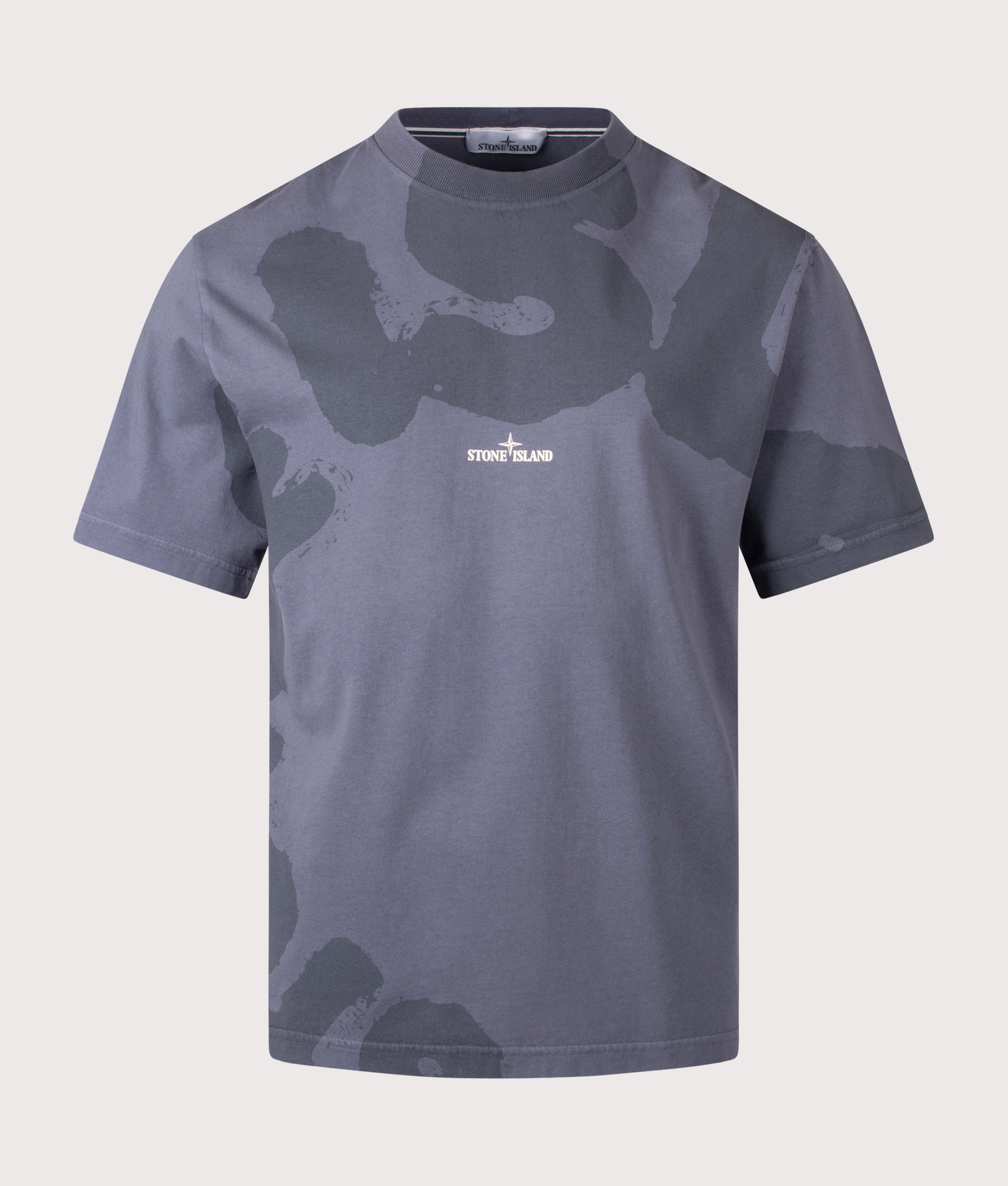 Stone Island ‘Whirlwind Type’ Print T-Shirt in Blue Grey at EQVVS Menswear. Front shot.