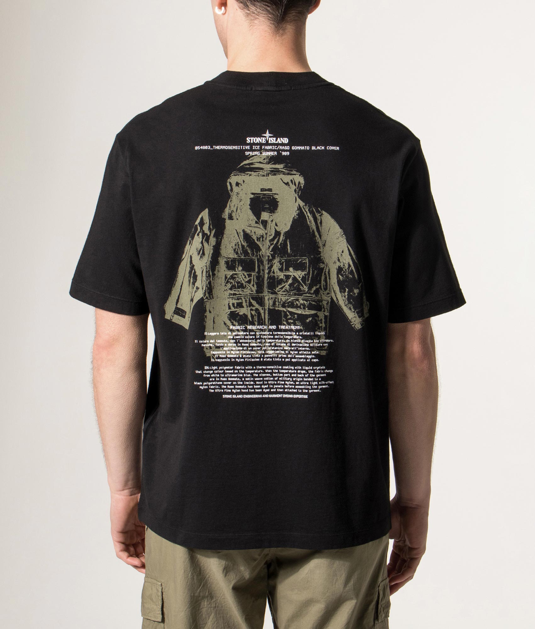 Stone Island ‘Archivio’ print T-Shirt in Black at EQVVS Menswear. Model back shot.