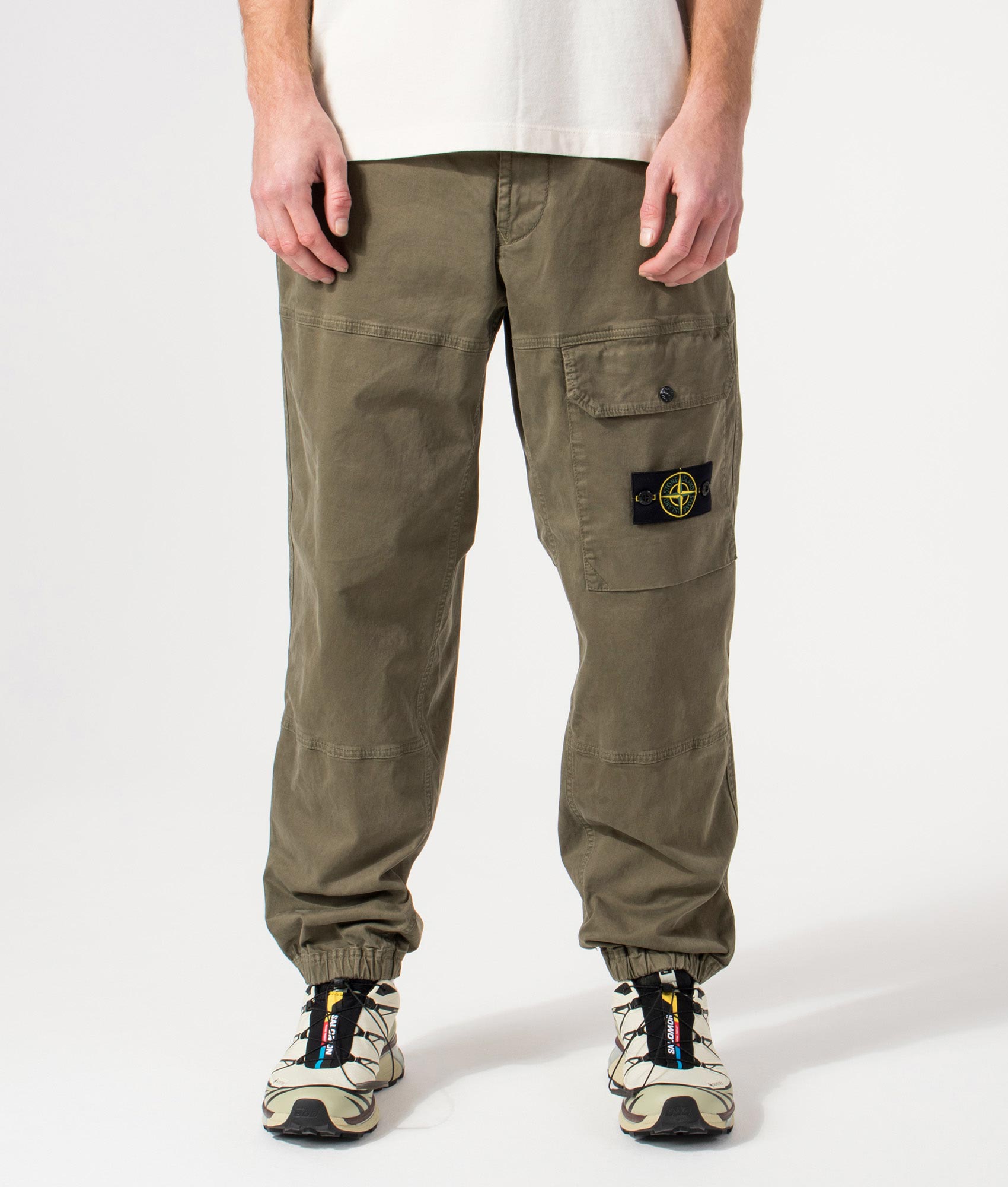 Organic Twill Cargo Pants in Military Green by Stone Island. Front shot. Shot by EQVVS
