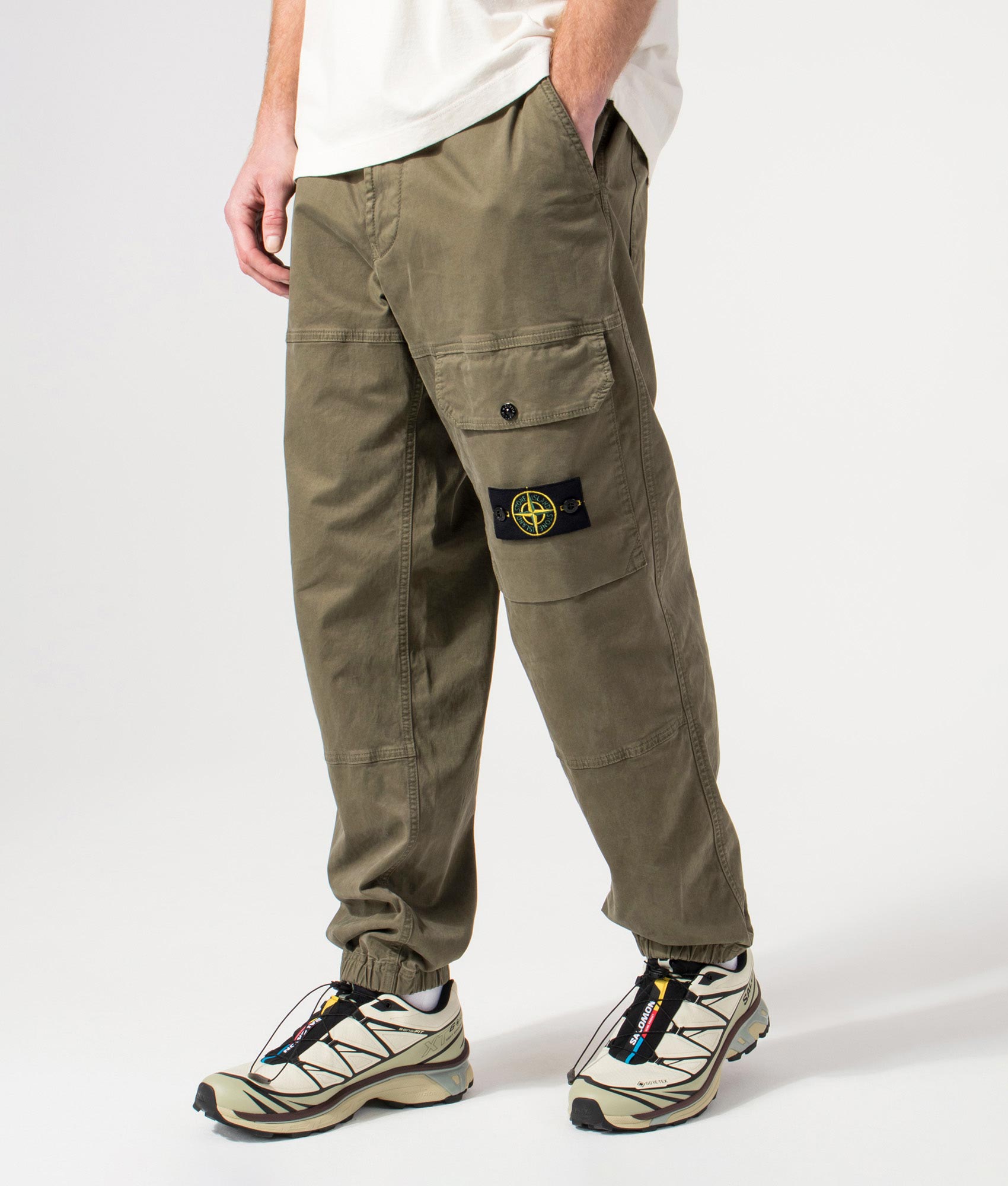 Organic Twill Cargo Pants in Military Green by Stone Island. Front shot. Shot by EQVVS