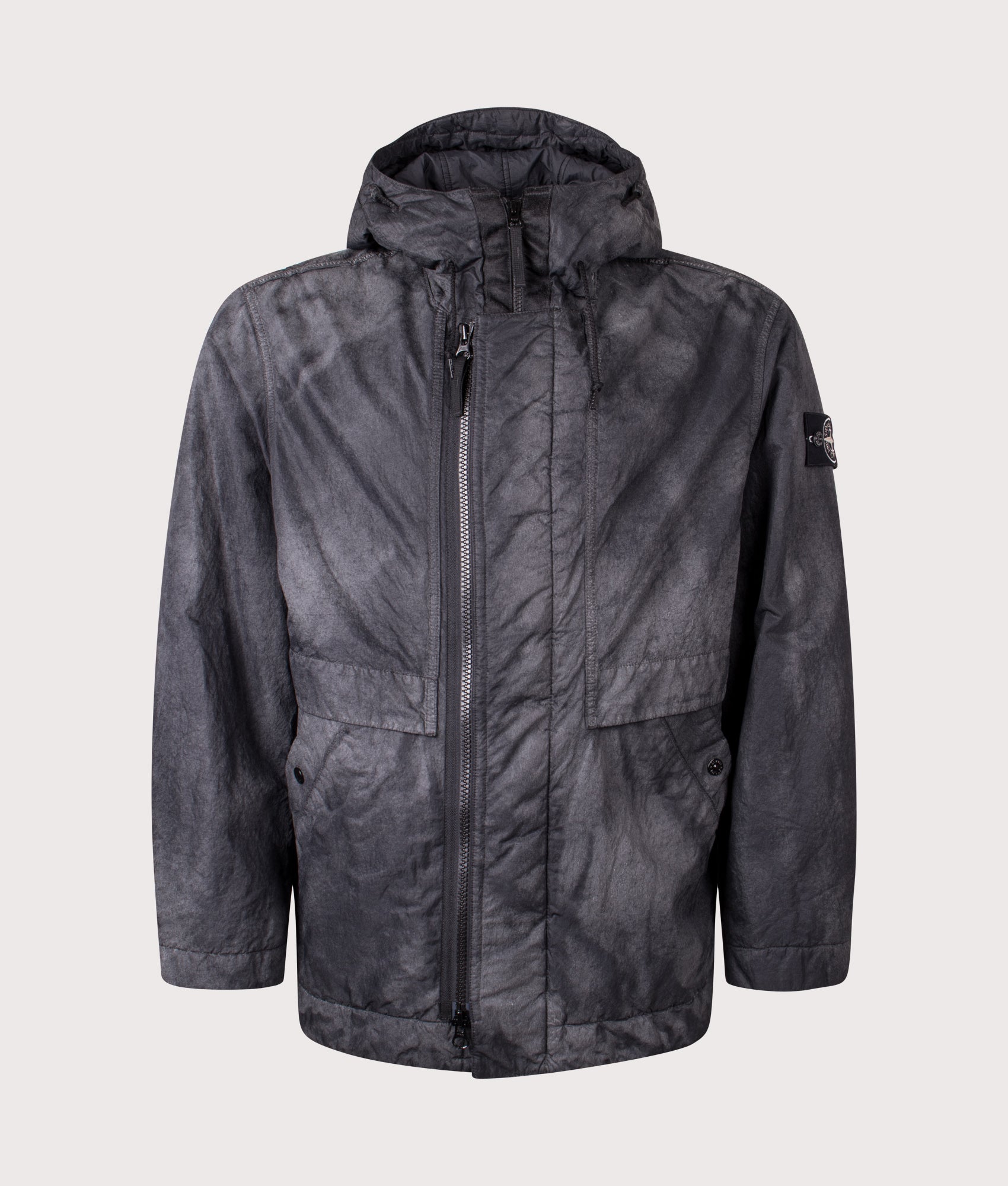 Stone Island Dense Nylon-TC Hand Sprayed Reflective Jacket in Black at EQVVS Menswear. Front shot.