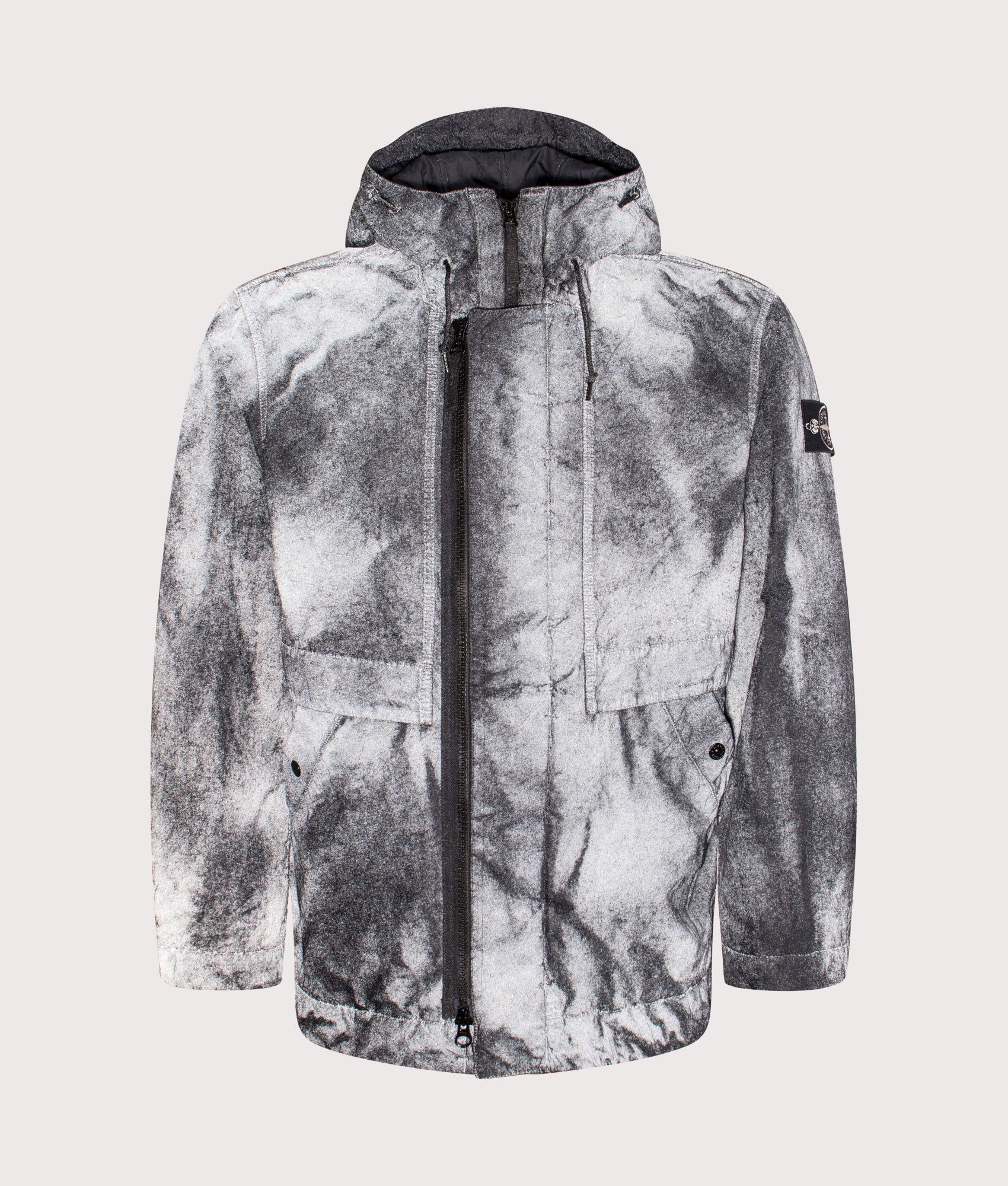 Stone Island Dense Nylon-TC Hand Sprayed Reflective Jacket in Black at EQVVS Menswear. Reflective Front shot.