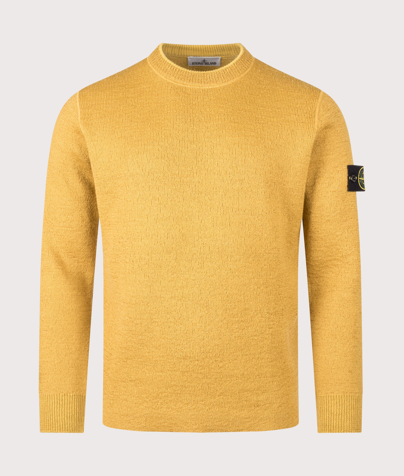Relaxed Fit Rubberised RWS Wool Jumper in Mustard | Stone Island | EQVVS | Front shot 