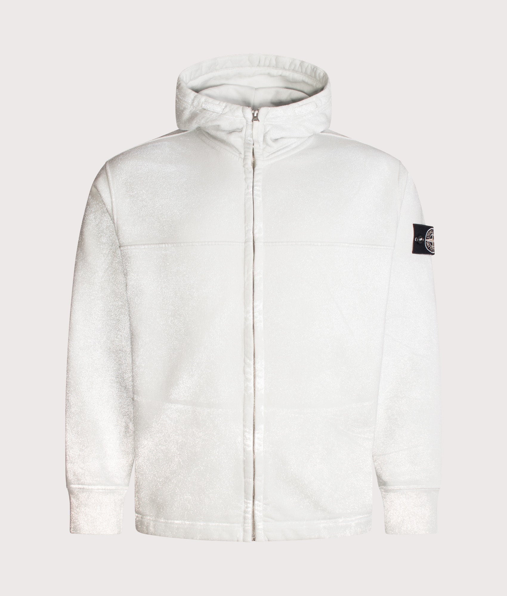 Stone Island Oversized Reflective Garment Lamination Zip-up Hoodie in Sky Blue at EQVVS Menswear. Reflective front shot.