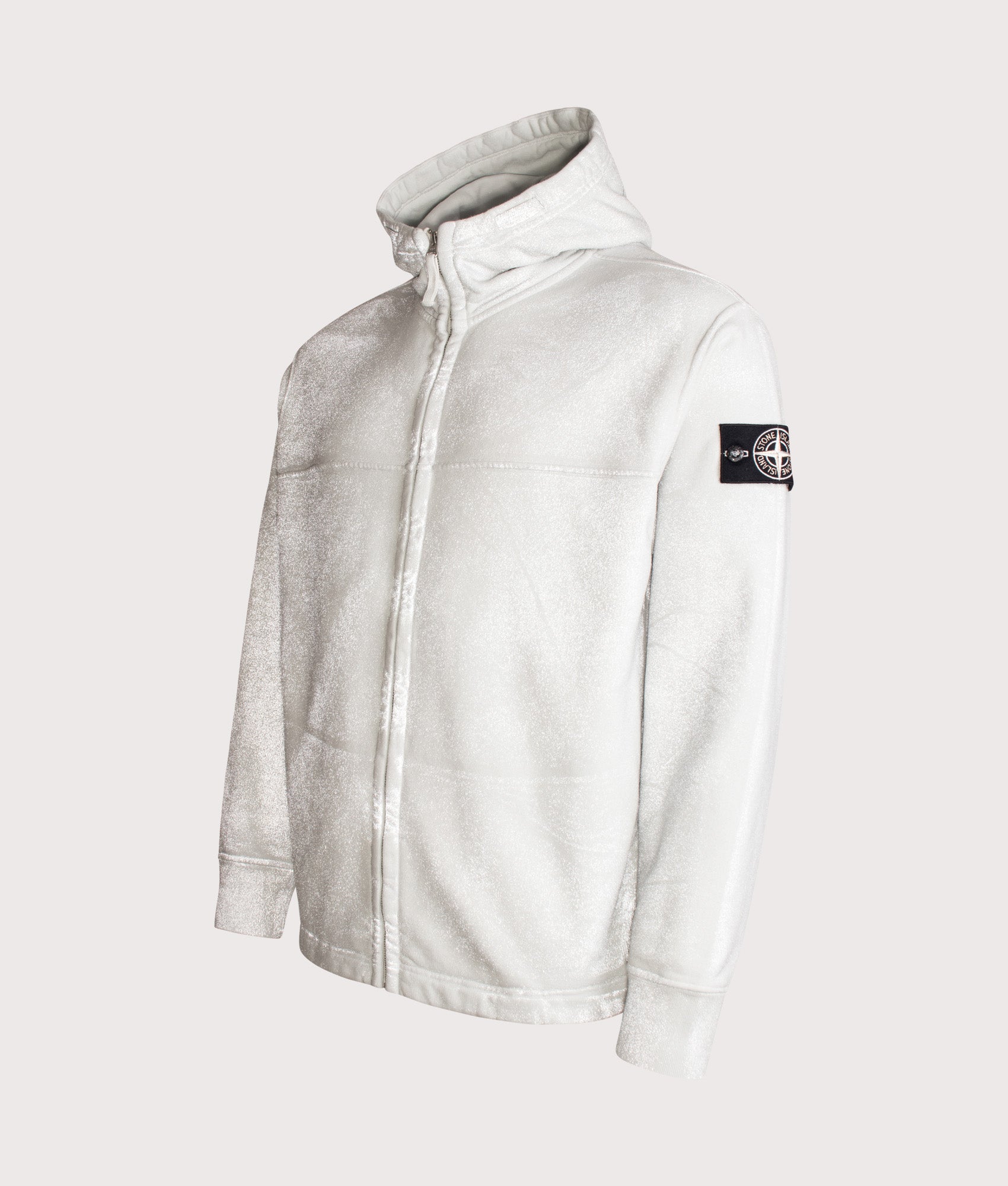 Stone Island Oversized Reflective Garment Lamination Zip-up Hoodie in Sky Blue at EQVVS Menswear. Reflective angled front shot.