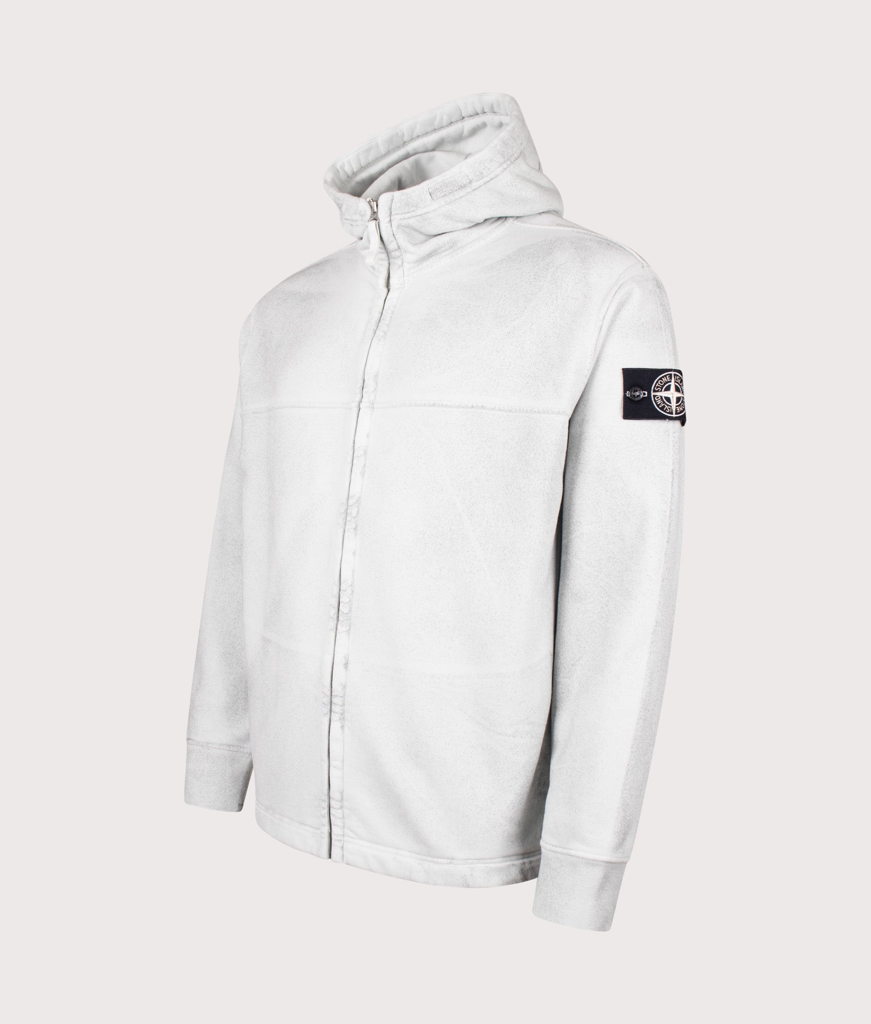 Stone Island Oversized Reflective Garment Lamination Zip-up Hoodie in Sky Blue at EQVVS Menswear. Angled front shot.