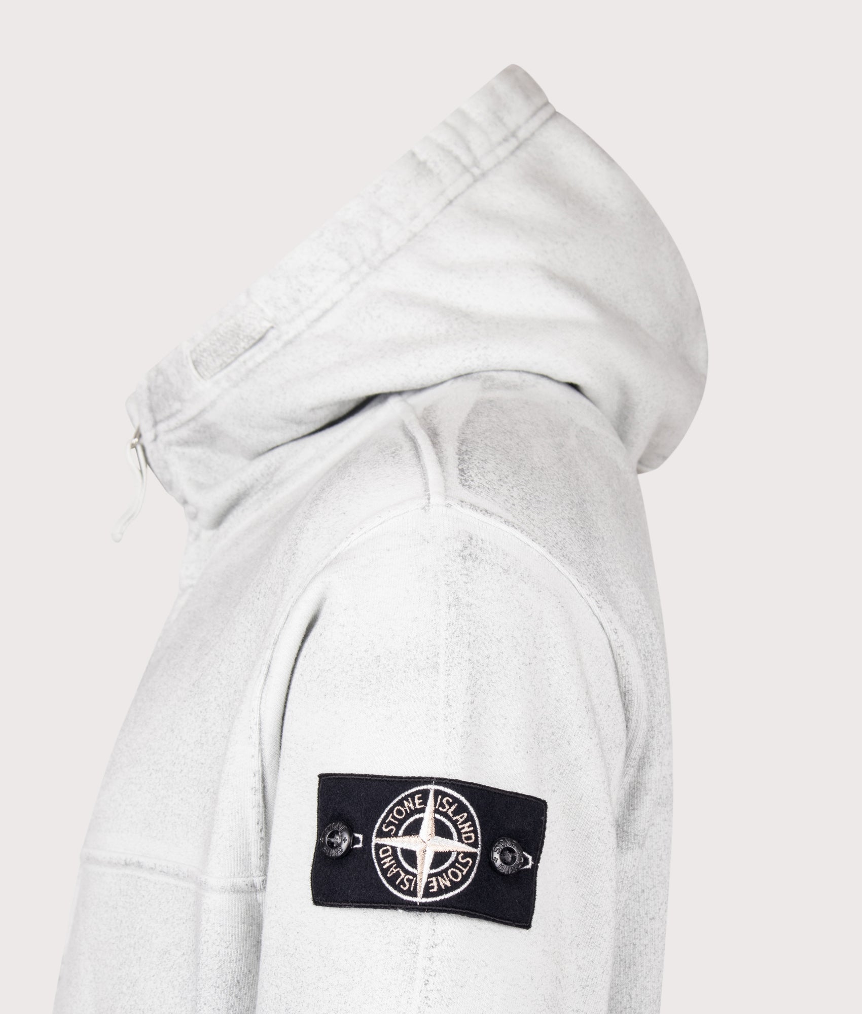 Stone Island Oversized Reflective Garment Lamination Zip-up Hoodie in Sky Blue at EQVVS Menswear. Detail shot.