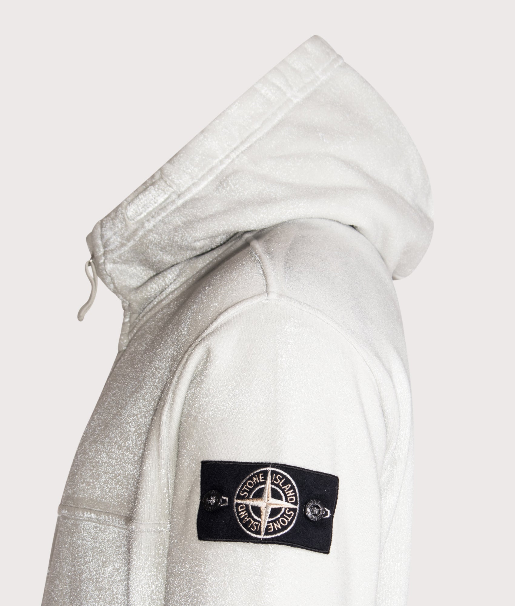 Stone Island Oversized Reflective Garment Lamination Zip-up Hoodie in Sky Blue at EQVVS Menswear. Reflective detail shot.
