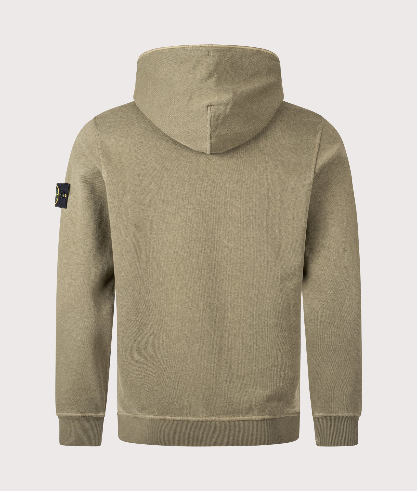 Stone Island Malfilé Fleece 'Old' Effect Hoodie in Military Green at EQVVS Menswear. Back shot.