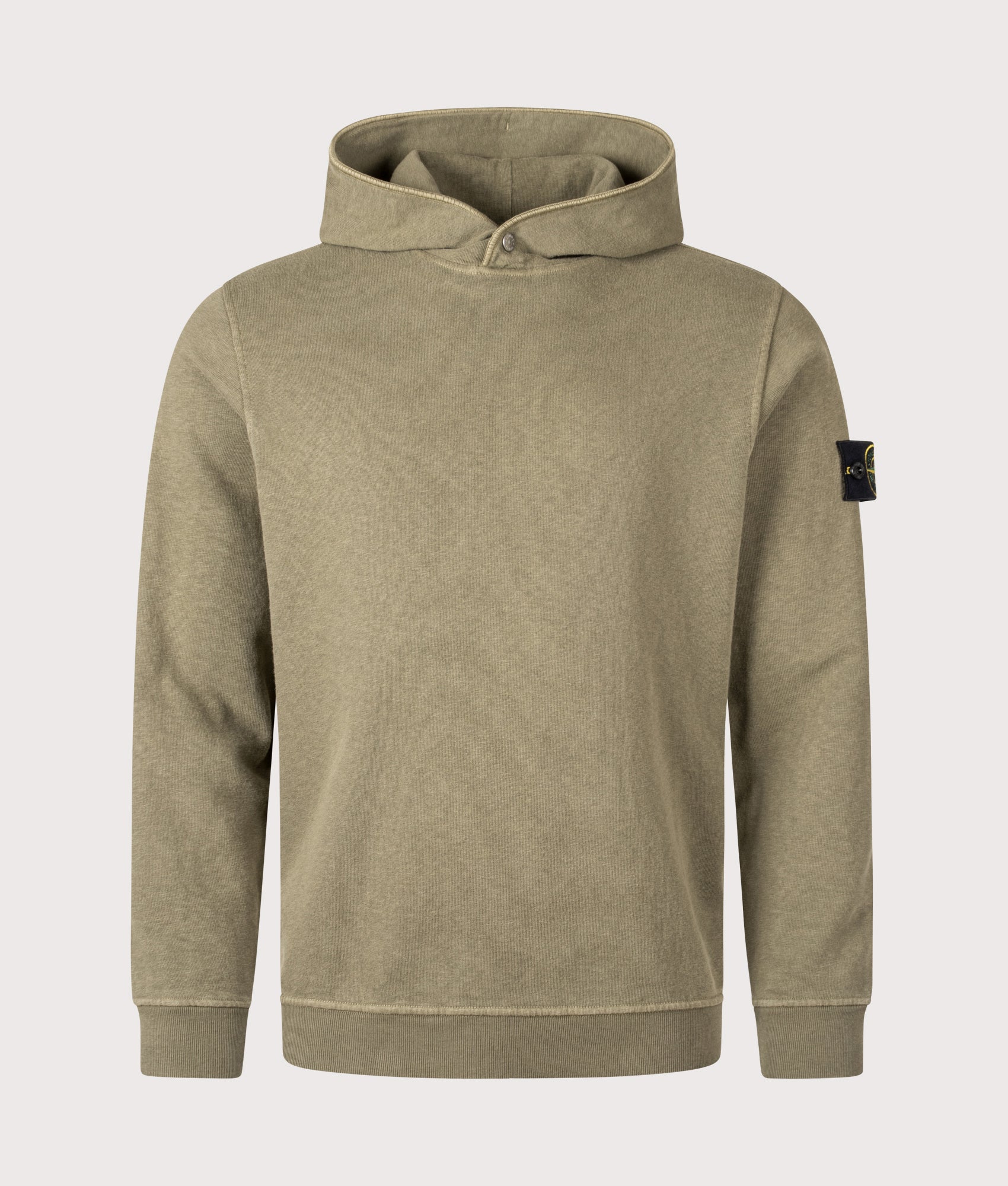 Stone Island Malfilé Fleece 'Old' Effect Hoodie in Military Green at EQVVS Menswear. Front shot.