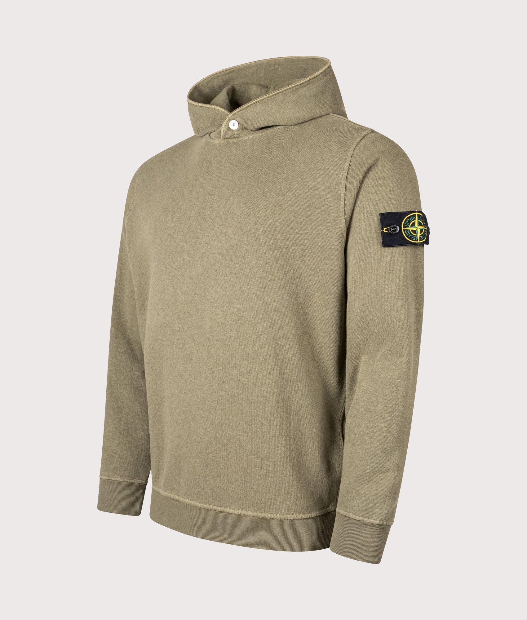 Stone Island Malfilé Fleece 'Old' Effect Hoodie in Military Green at EQVVS Menswear. Angled front shot.