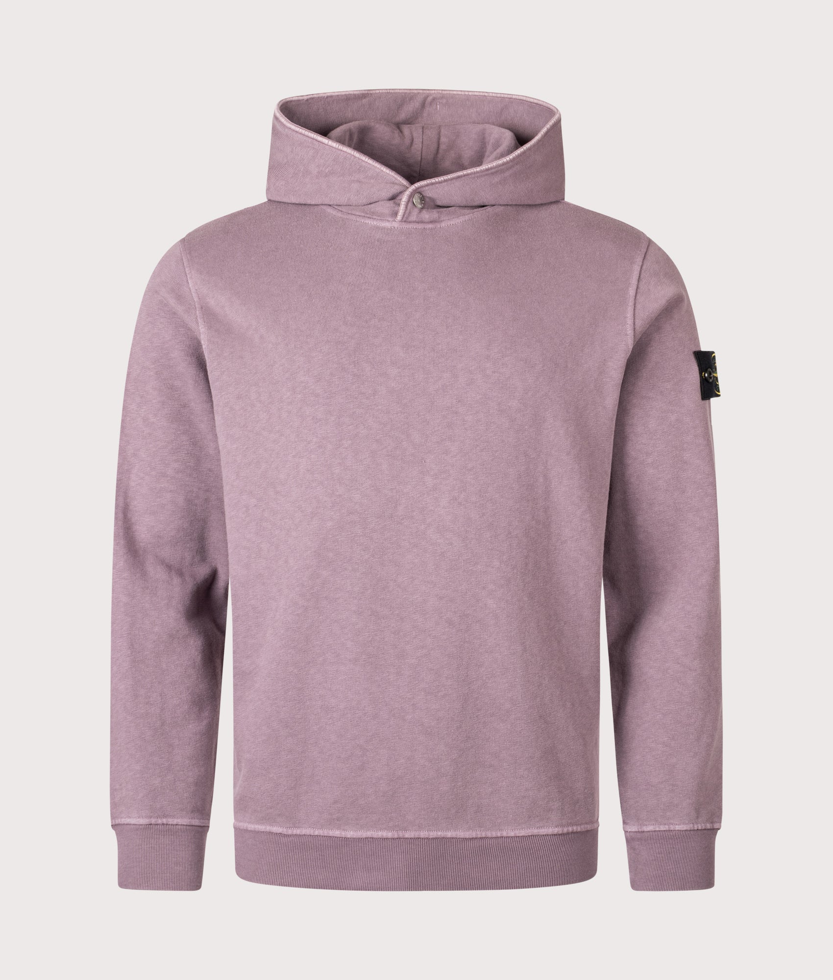 Stone Island Malfilé Fleece 'Old' Effect Hoodie in Purple Gray at EQVVS Menswear. Front shot.