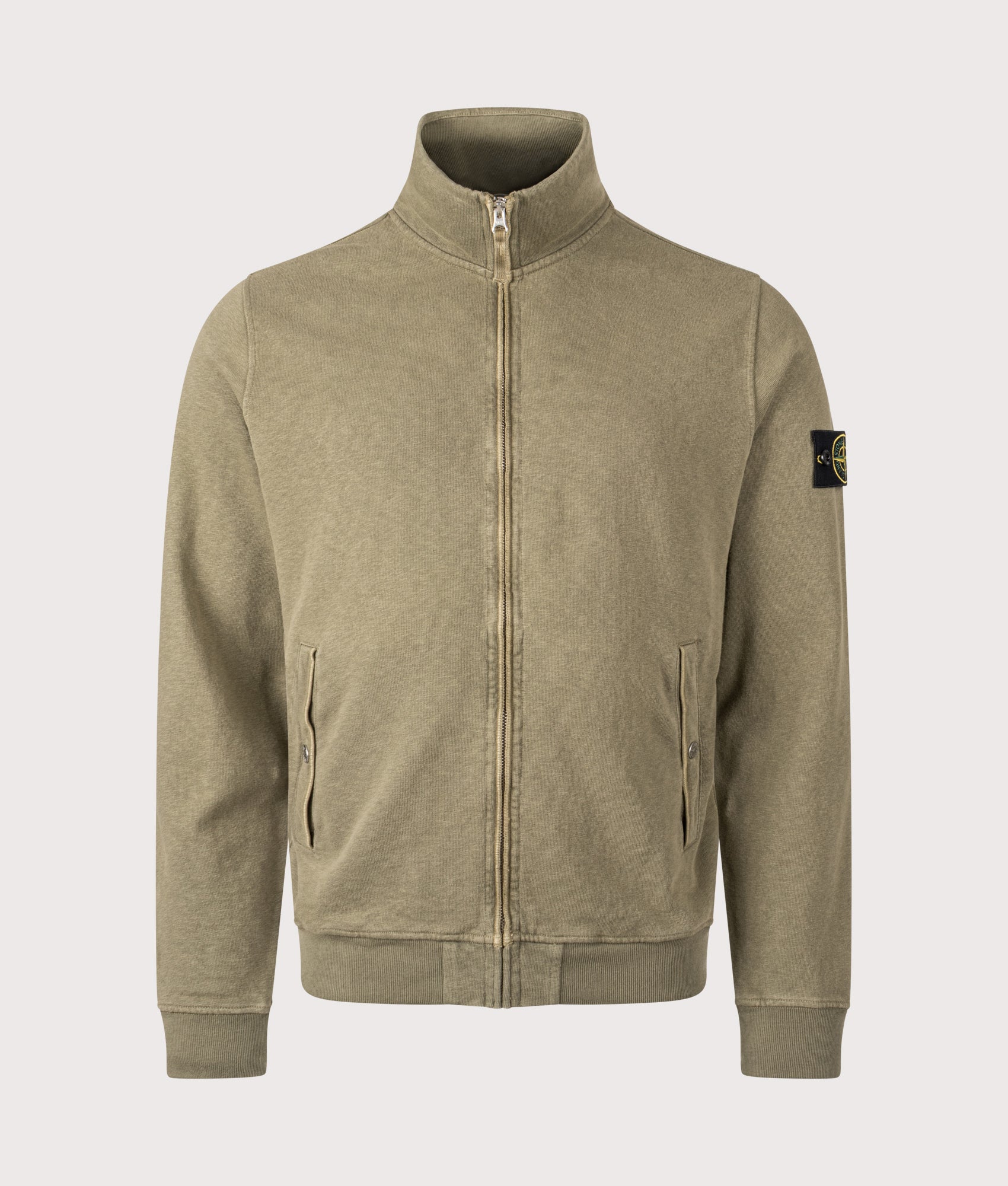 Stone Island Malfilé ‘Old’ Treatment Zip Up Track Jacket in Military green at EQVVS Menswear. Front shot.