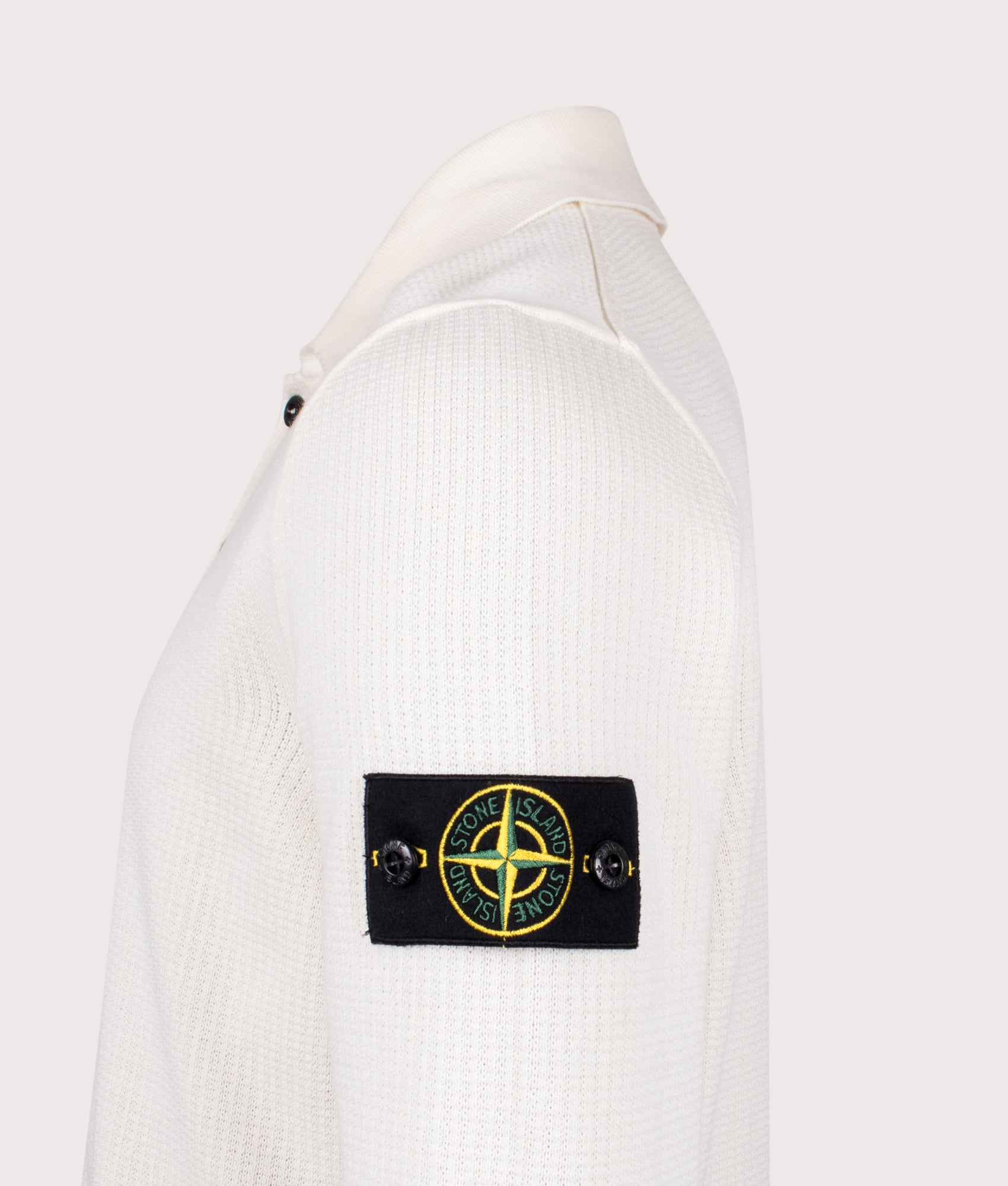 Micro Stitch Organic Cotton Polo Shirt by Stone Island in Ivory. Shot by EQVVS. Detail shot.