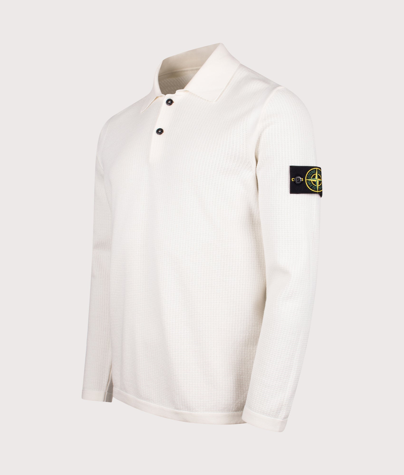 Micro Stitch Organic Cotton Polo Shirt by Stone Island in Ivory. Shot by EQVVS. Front detail shot.