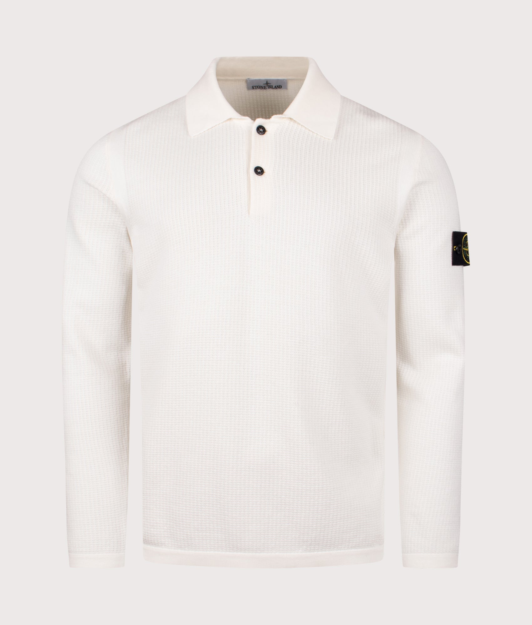 Micro Stitch Organic Cotton Polo Shirt by Stone Island in Ivory. Shot by EQVVS. Front shot.