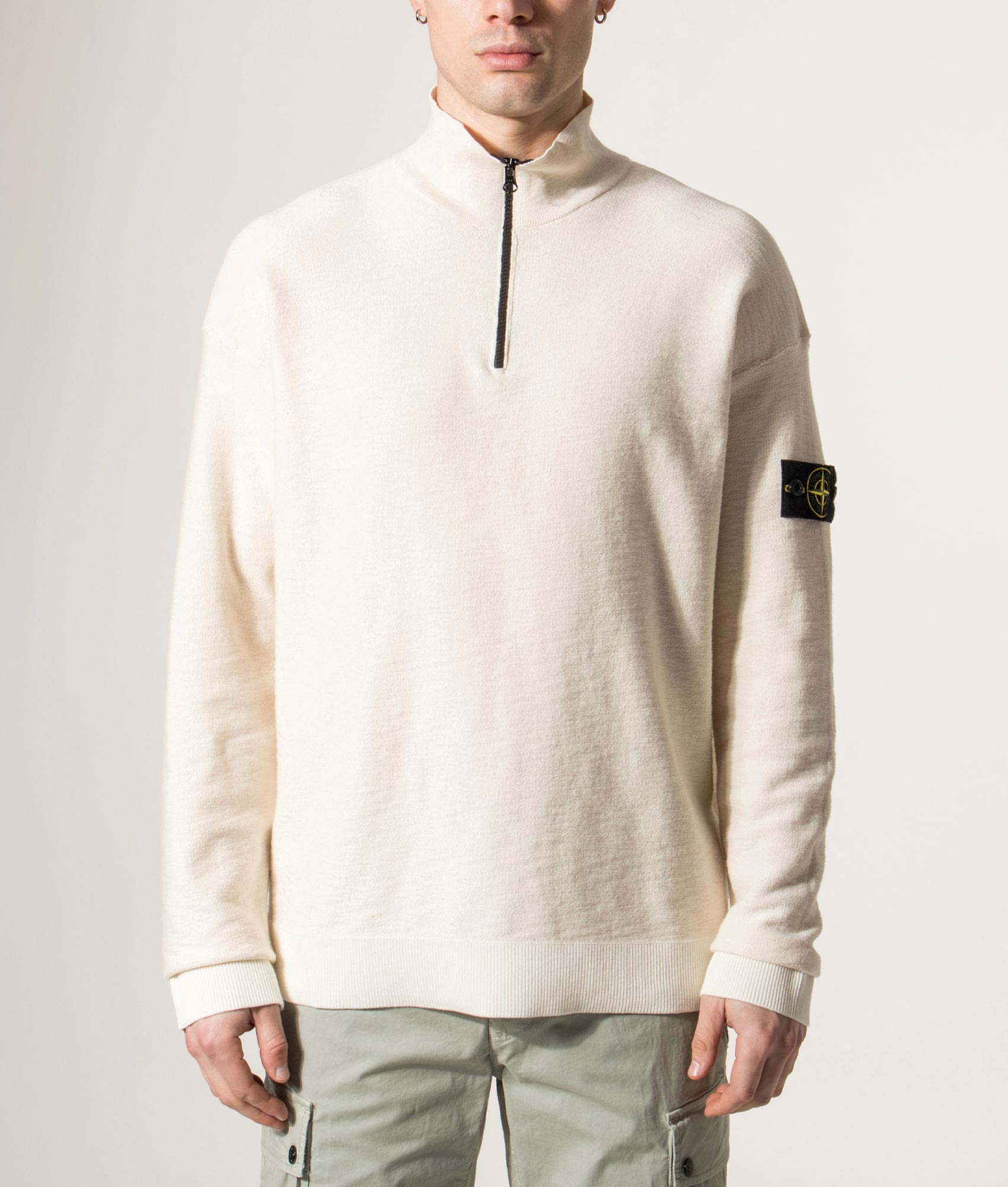 Stone Island Lightweight Quarter Zip Knit in Ivory at EQVVS Menswear. Model shot.