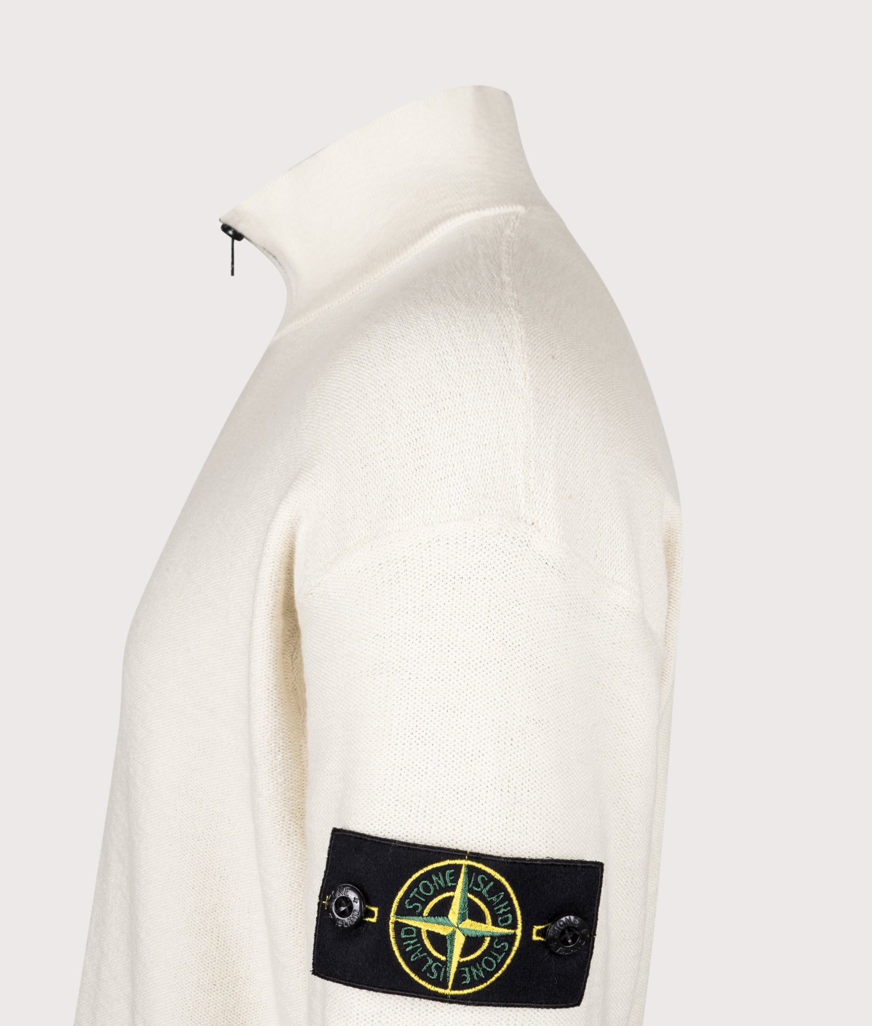 Stone Island Lightweight Quarter Zip Knit in Ivory at EQVVS Menswear. Side detail shot 