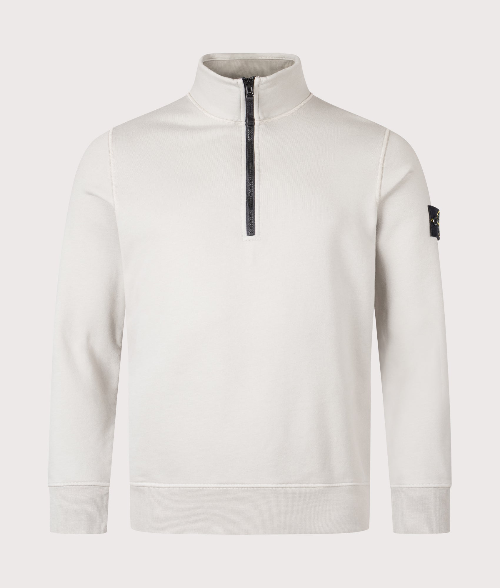 Stone Island Quarter Zip Sweatshirt in Pearl Grey at EQVVS Menswear. Front shot.