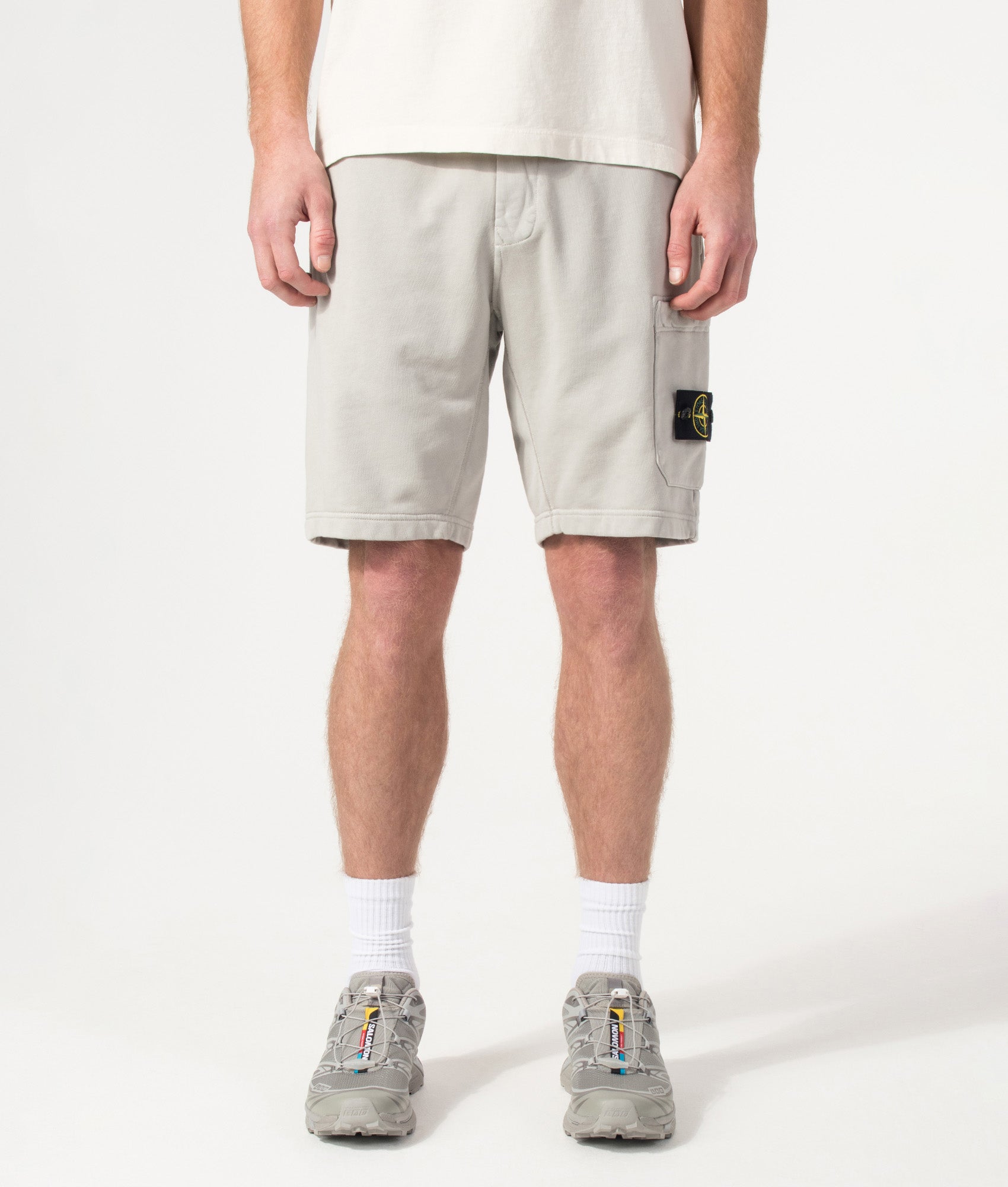 Stone Island Sweat Shorts in Pearl Grey at EQVVS Menswear. Front shot.