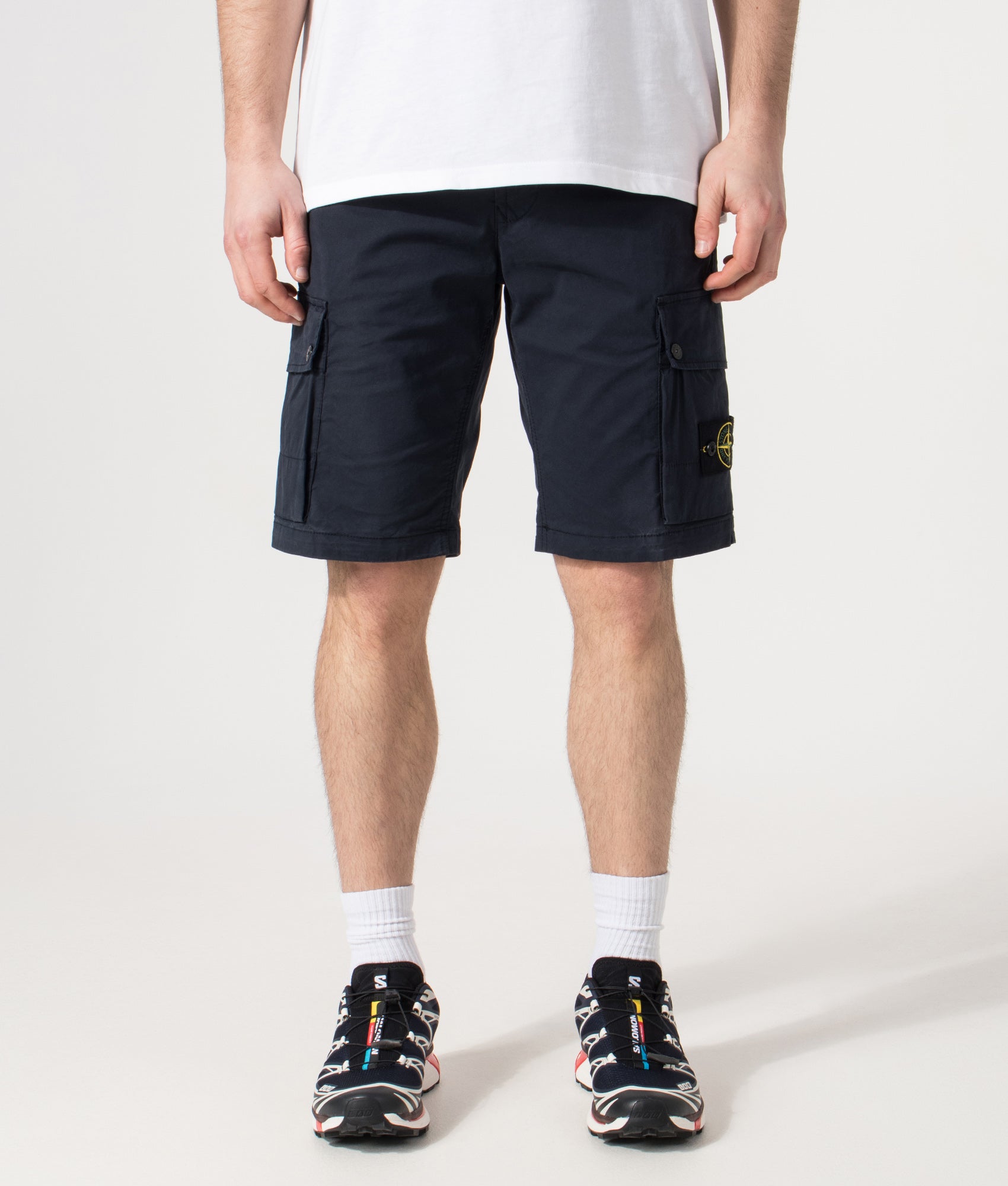 Stone Island Cargo Shorts in Navy at EQVVS Menswear. Front shot.