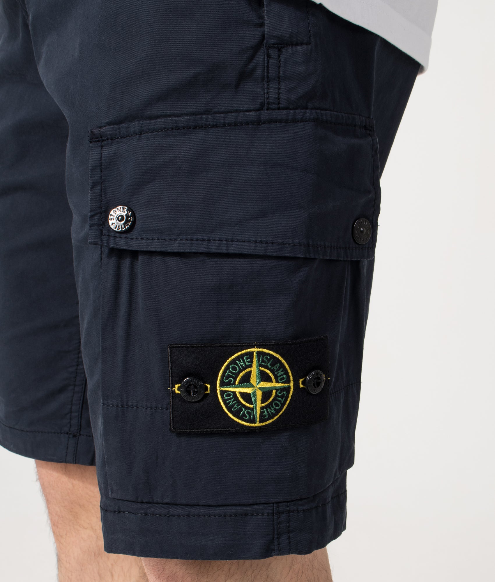 Stone Island Cargo Shorts in Navy at EQVVS Menswear. Detail shot.