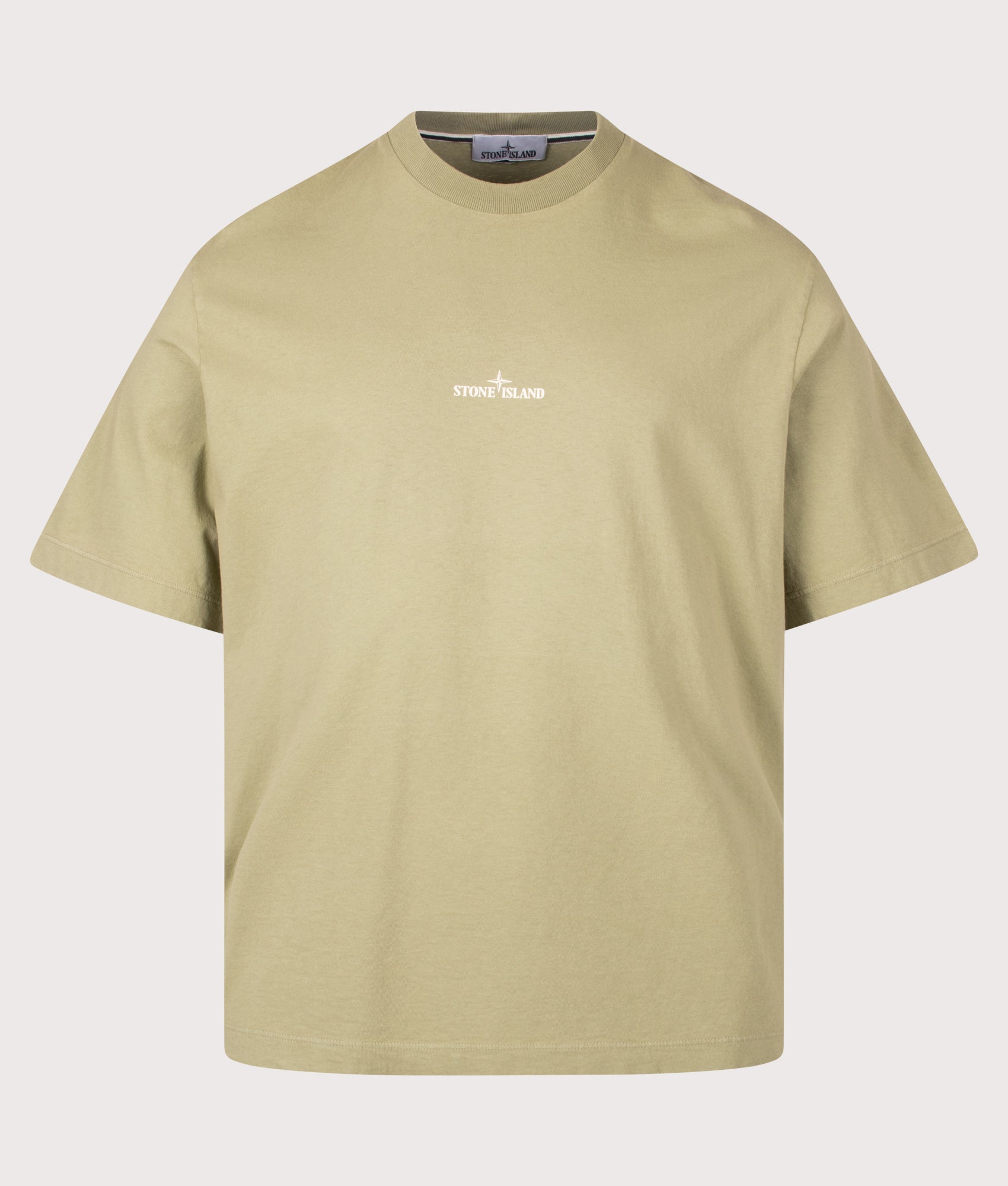 Stone Island Organic Cotton 'DESERT' Print T-Shirt in Laurel Green at EQVVS Menswear. Front shot.