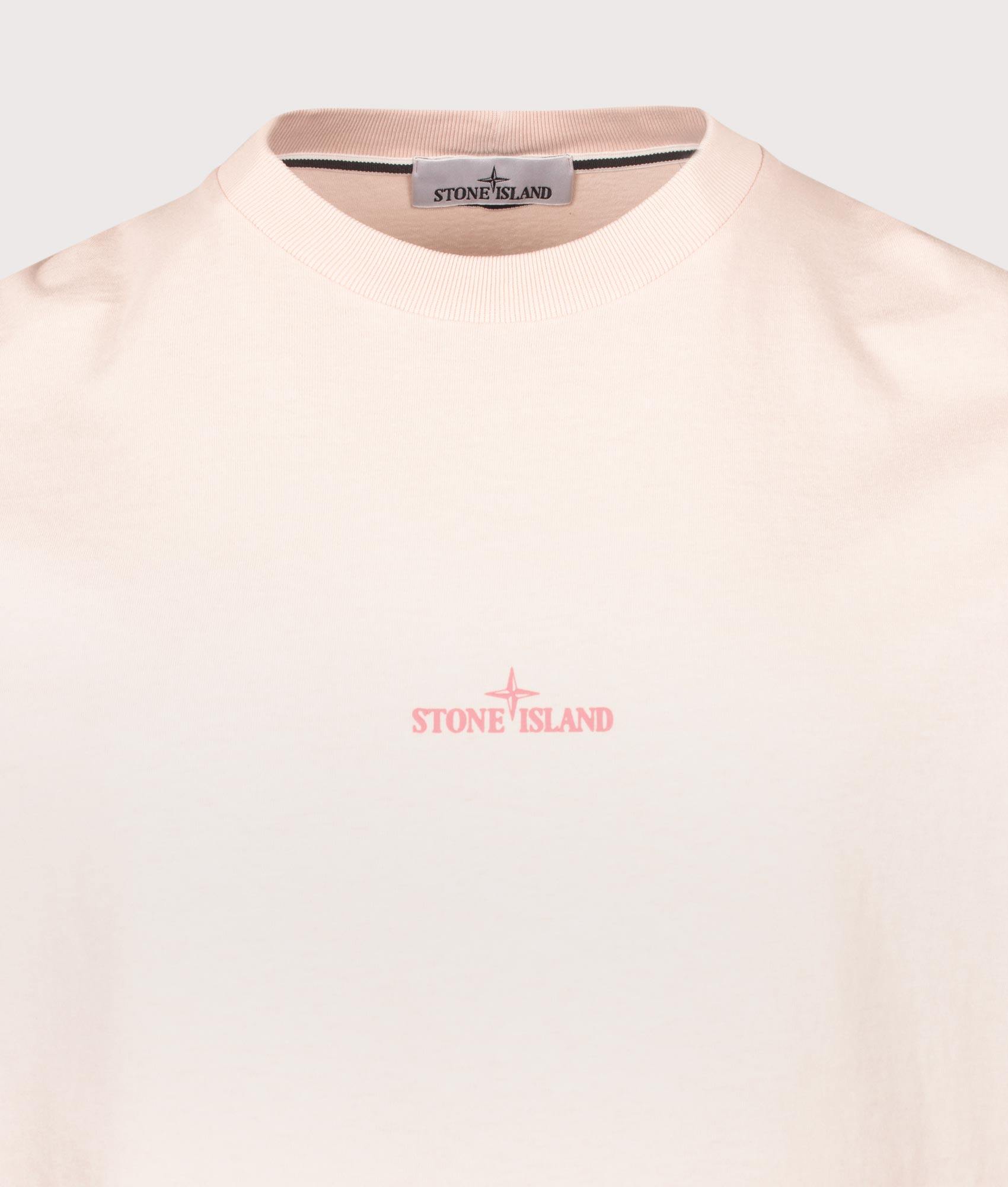 Stone Island Organic Cotton 'DESERT' Print T-Shirt in Antique Rose at EQVVS Menswear. Detail shot.