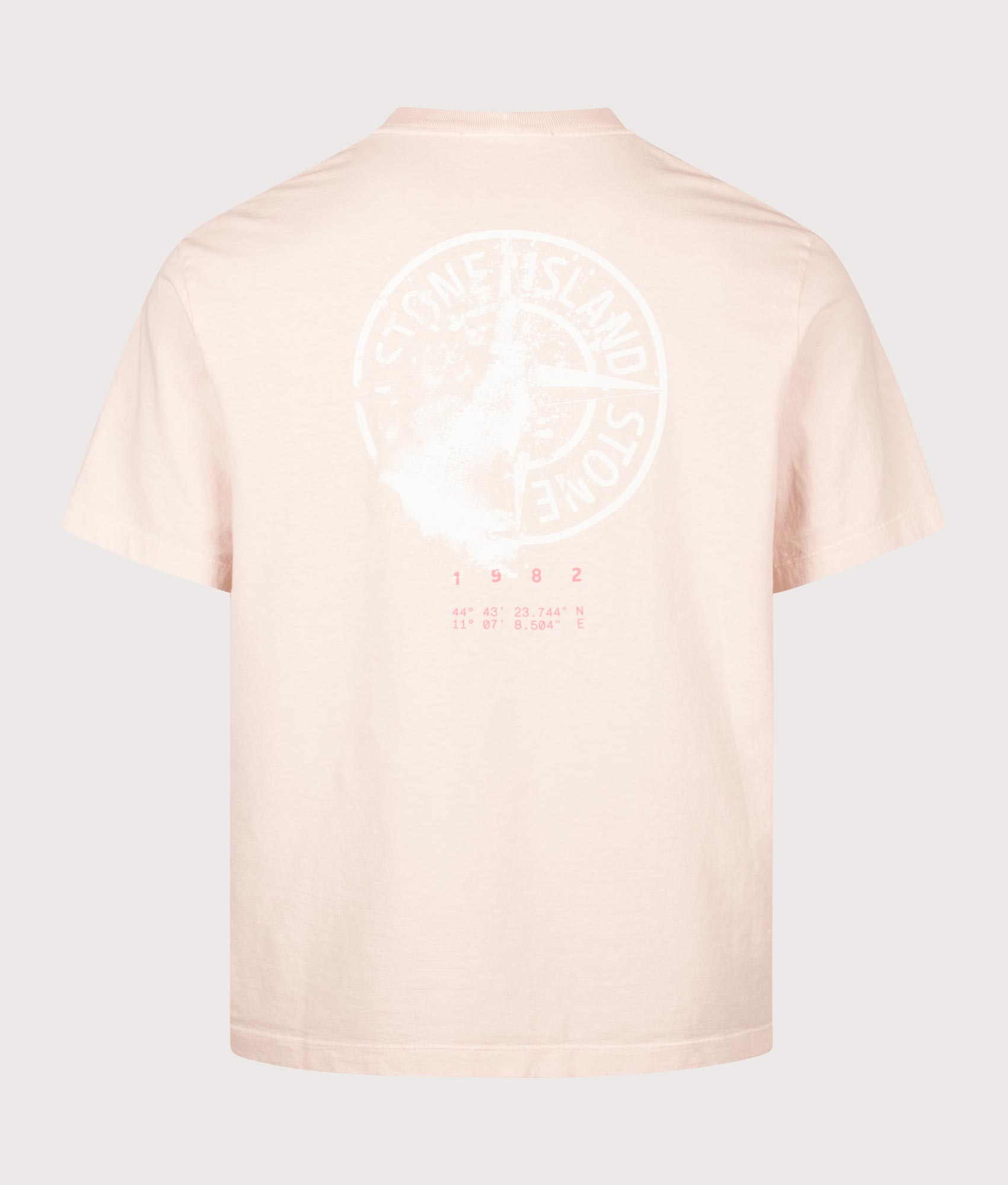 Stone Island Organic Cotton 'DESERT' Print T-Shirt in Antique Rose at EQVVS Menswear. Back shot.