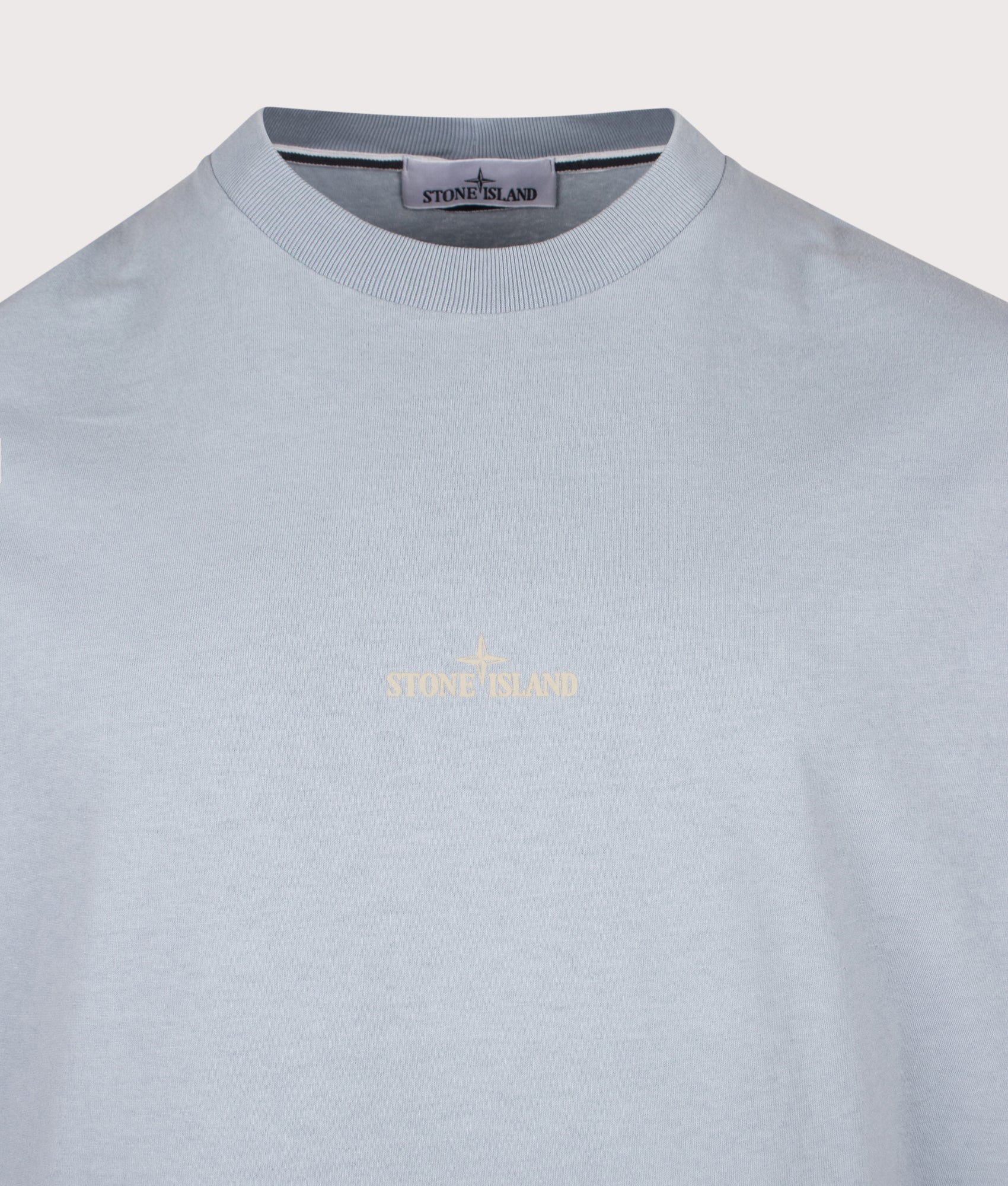 Stone Island Organic Cotton 'DESERT' Print T-Shirt in Ash Grey at EQVVS Menswear. Detail shot.
