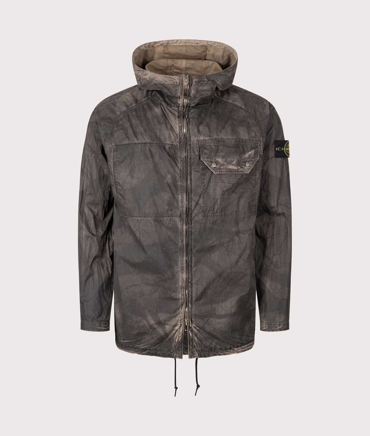 Stone Island Comfort Fit Laser Forest Camo Crinkle Reps-TC Overshirt in Biscuit at EQVVS Menswear. Front shot.