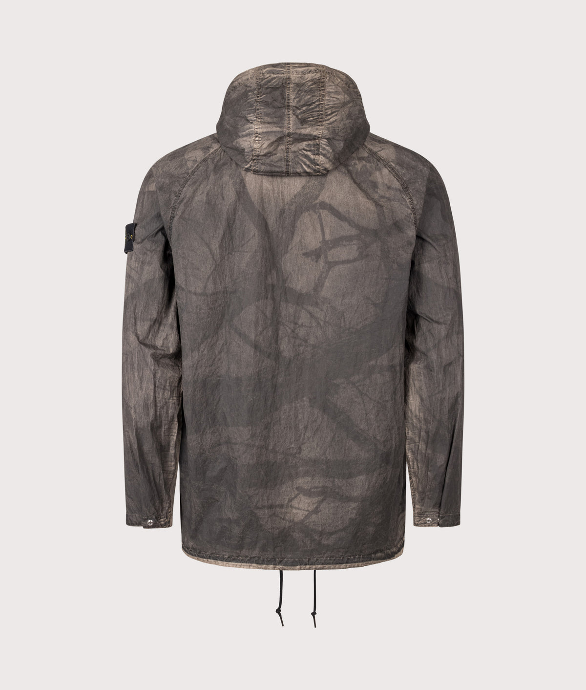 Stone Island Comfort Fit Laser Forest Camo Crinkle Reps-TC Overshirt in Biscuit at EQVVS Menswear. Back shot.