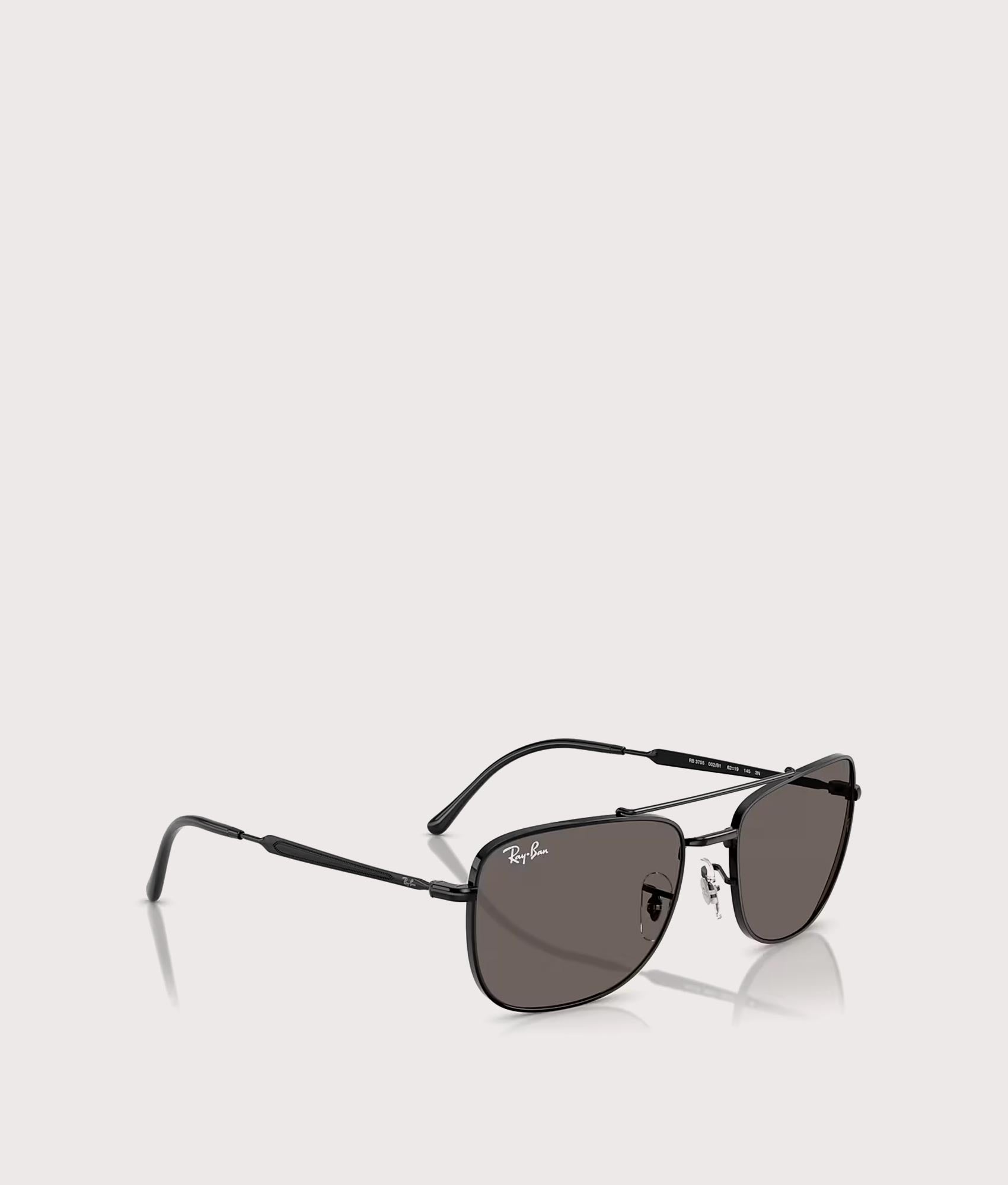 RB3755 Sunglasses in Polished Black-Dark Grey Lenses by Ray-Ban. Shot by EQVVS. Angled Detail Shot.