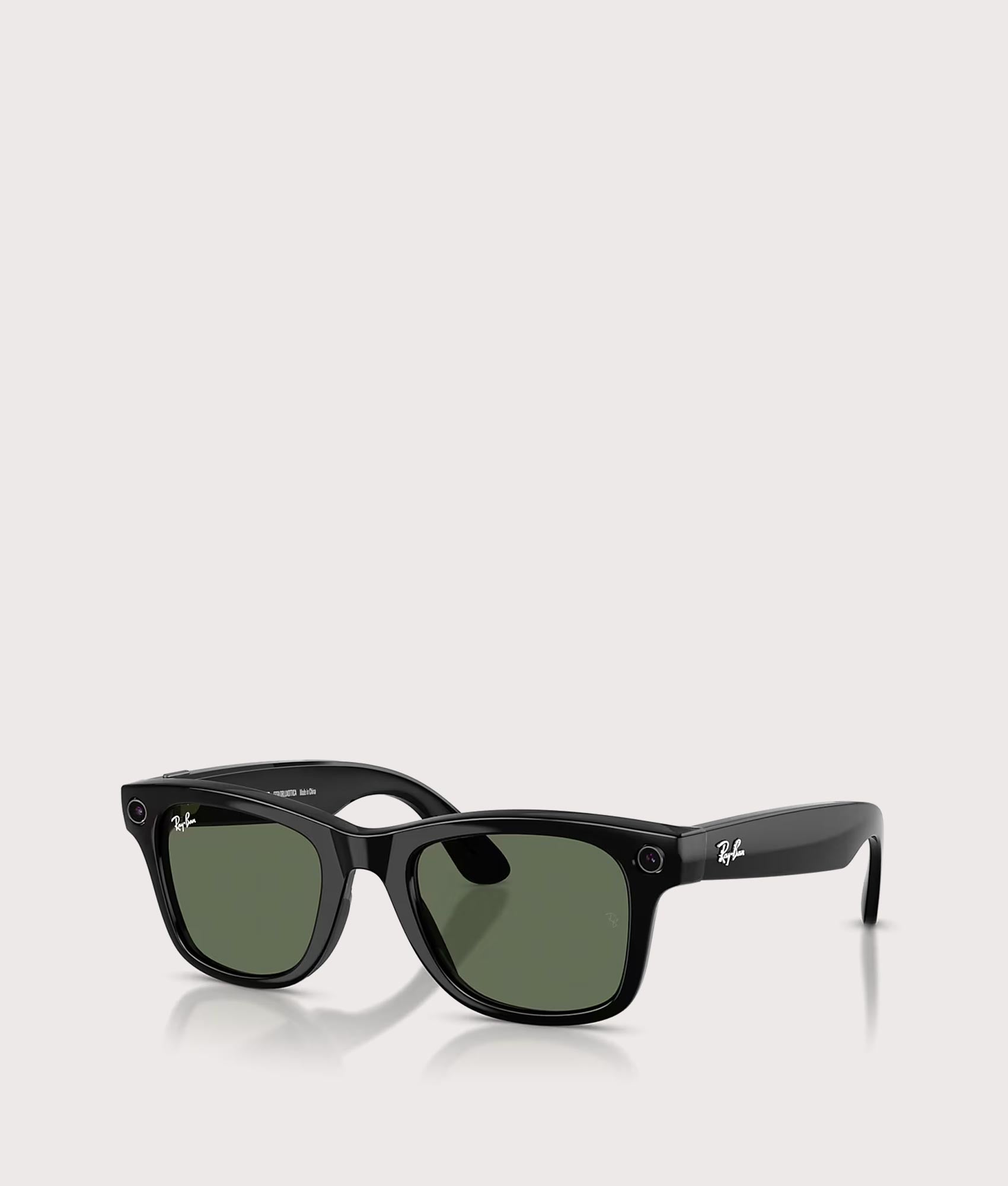 Ray-Ban Gen 2 Meta Wayfarer Sunglasses in Shiny Black with G15 Green Lens at EQVVS Menswear. Angled front shot.
