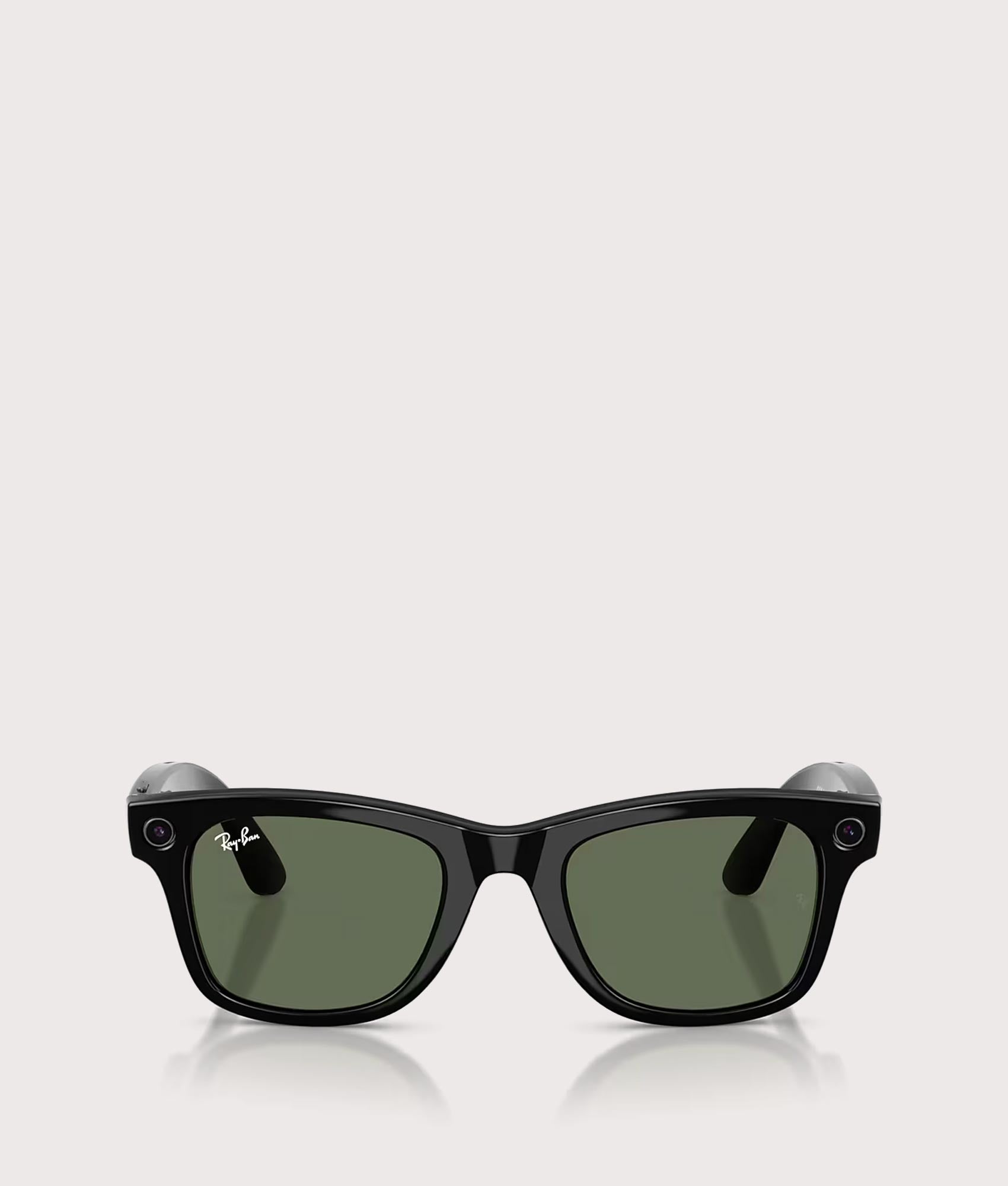 Ray-Ban Gen 2 Meta Wayfarer Sunglasses in Shiny Black with G15 Green Lens at EQVVS Menswear. Front shot.