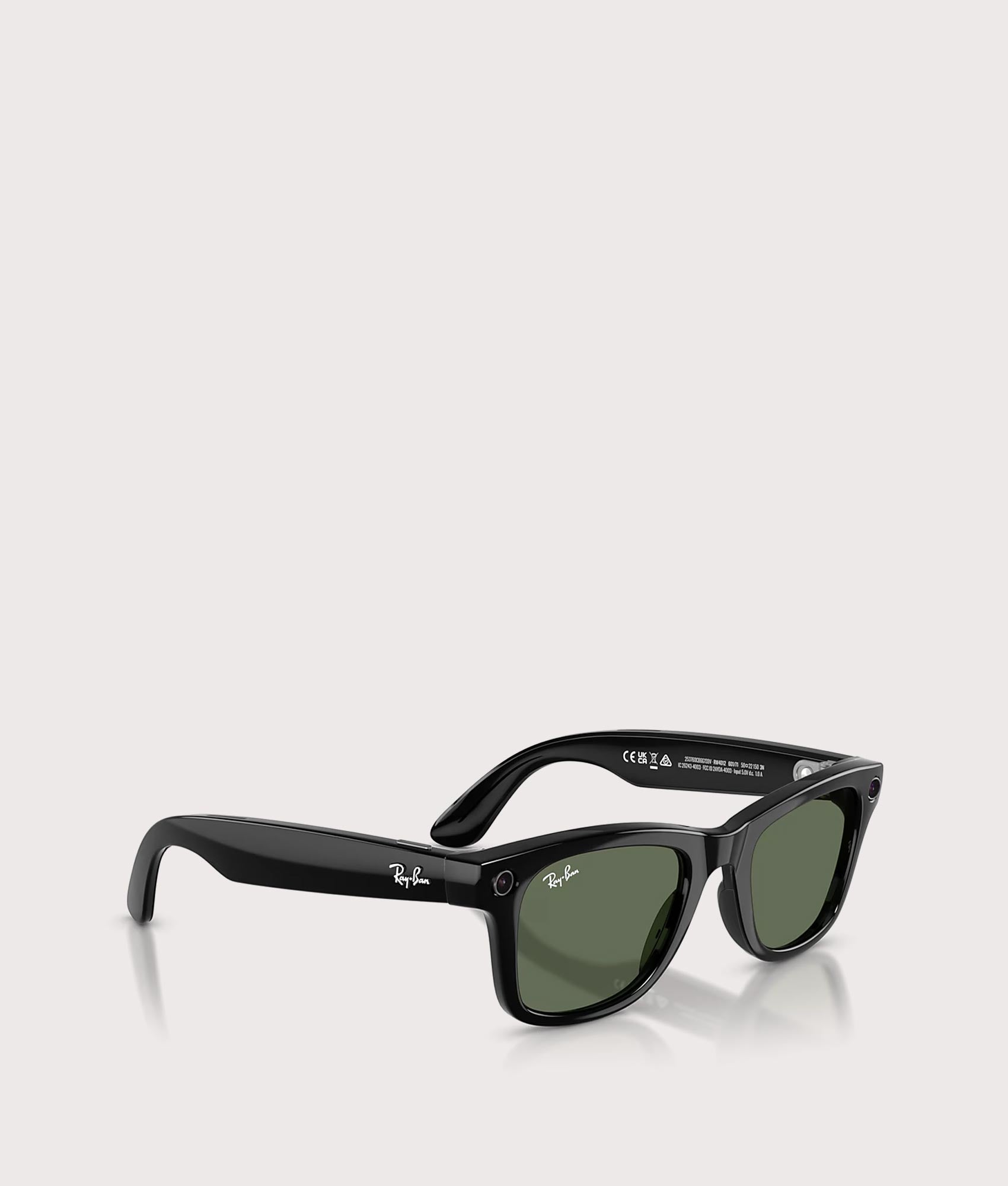 Ray-Ban Gen 2 Meta Wayfarer Sunglasses in Shiny Black with G15 Green Lens at EQVVS Menswear. Angled side shot.