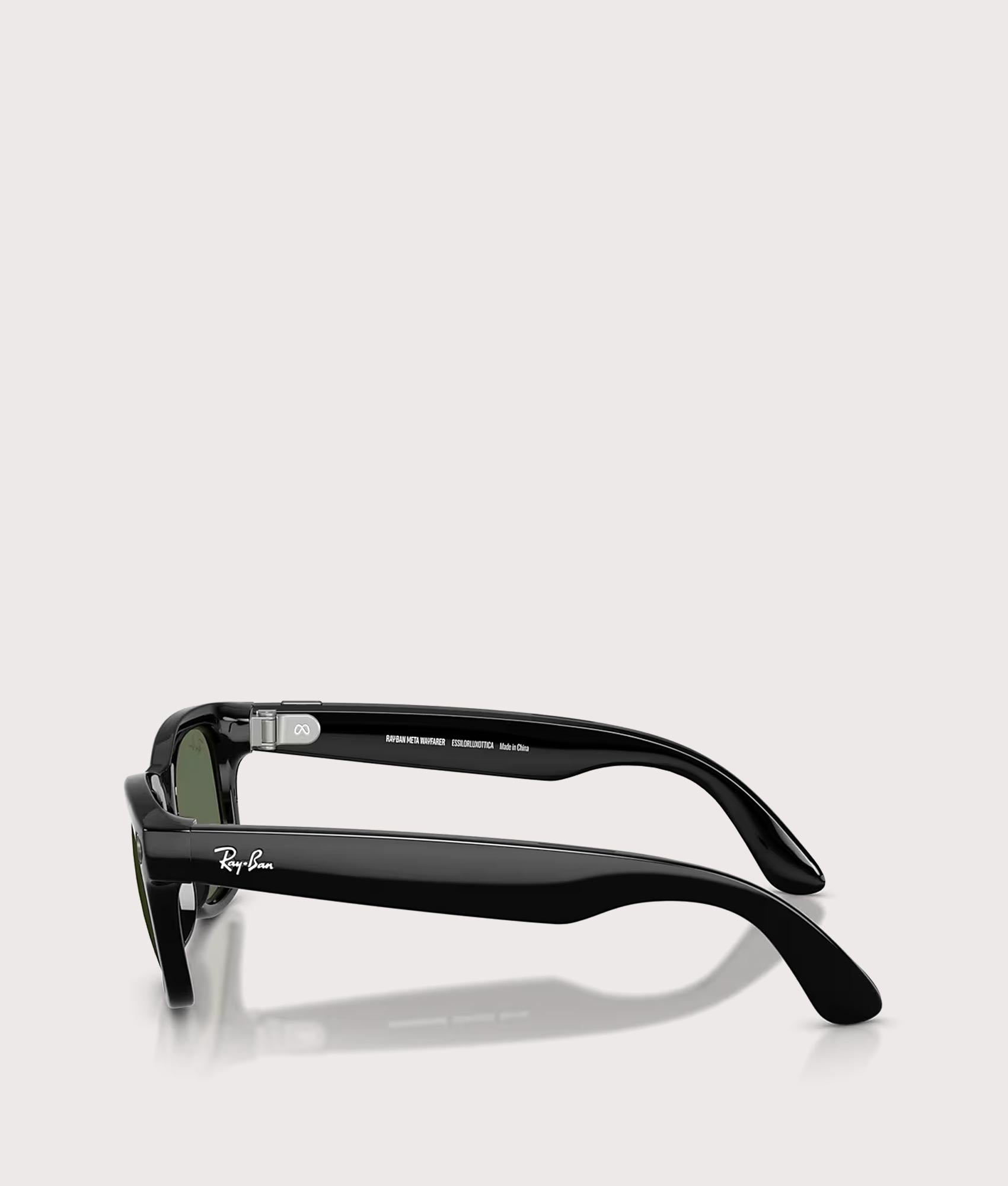 Ray-Ban Gen 2 Meta Wayfarer Sunglasses in Shiny Black with G15 Green Lens at EQVVS Menswear. Side shot.